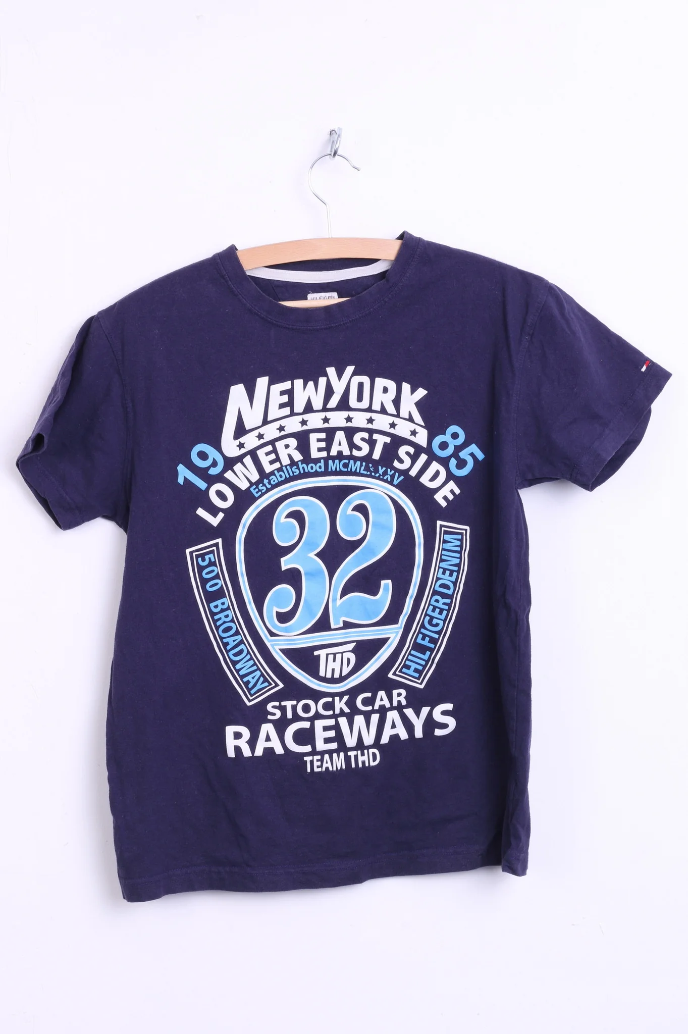 Hilfiger Denim Womens L Shirt Crew Neck Navy Cotton Raceways New York