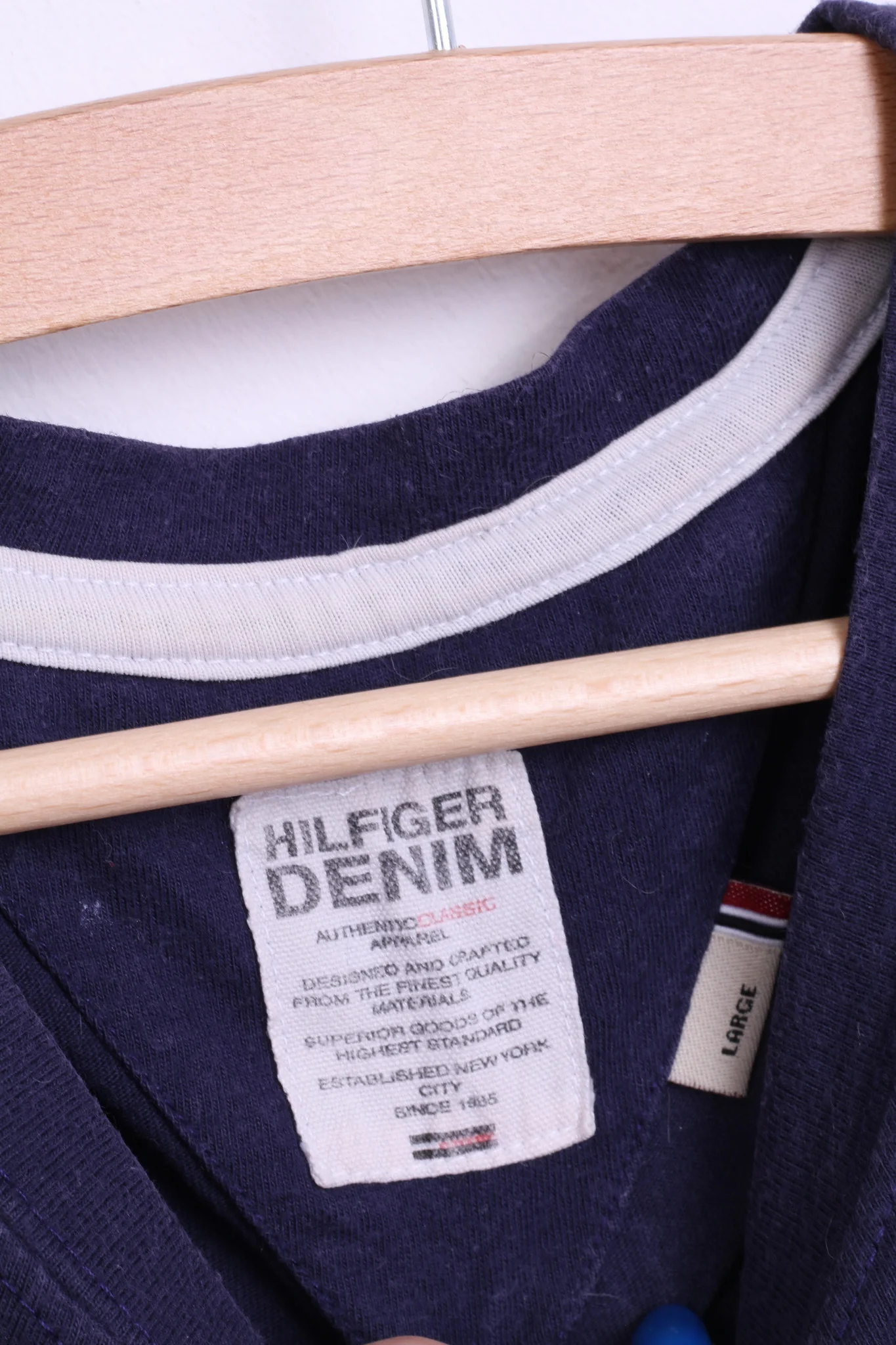 Hilfiger Denim Womens L Shirt Crew Neck Navy Cotton Raceways New York - Image 4