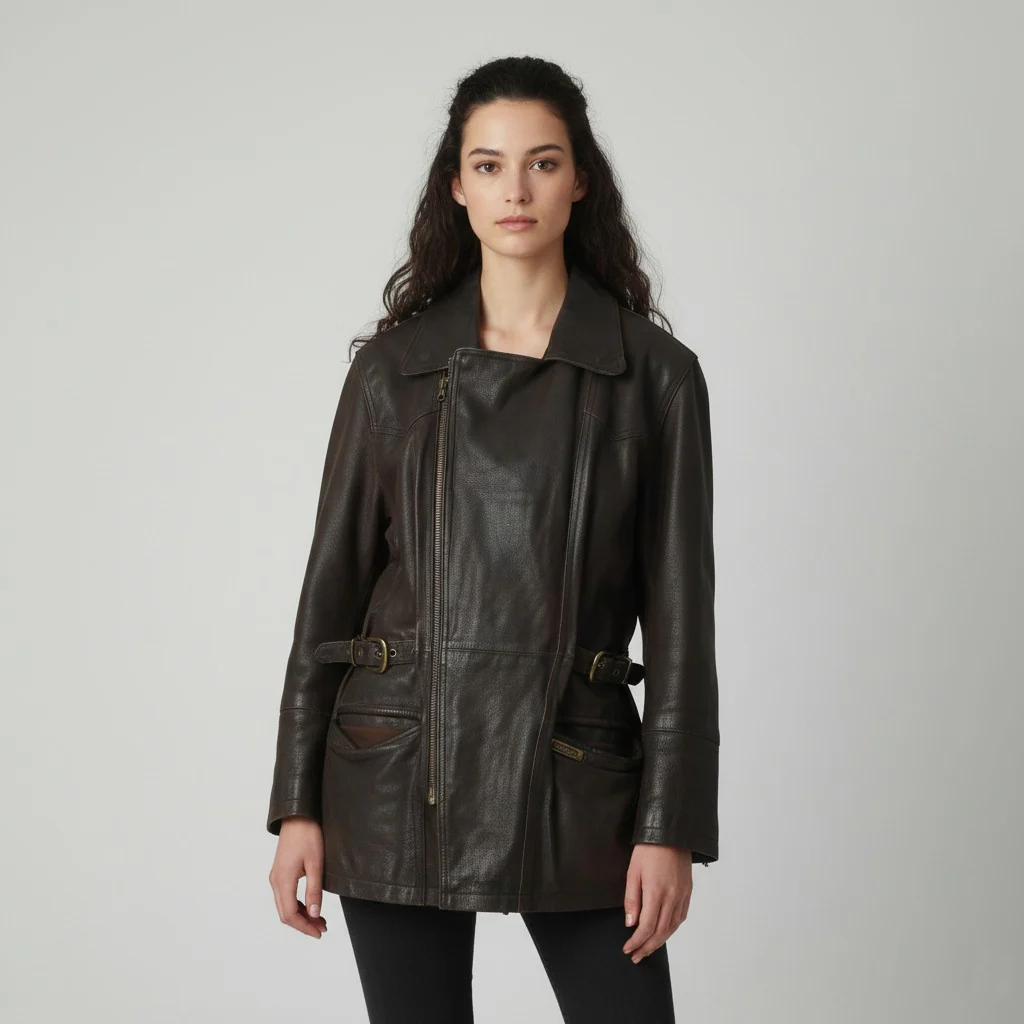 Hollies Women M Leather Jacket Brown Vintage Biker Great Look Zip Up Top