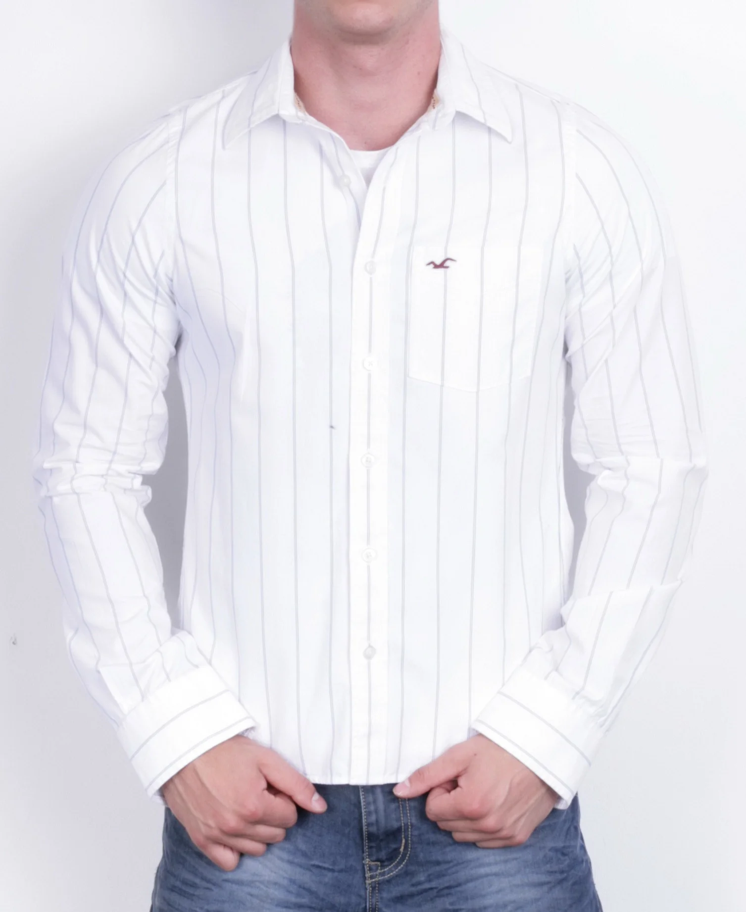 Hollister Mens M Casual Shirt White Striped Cotton Long Sleeve - Image 2