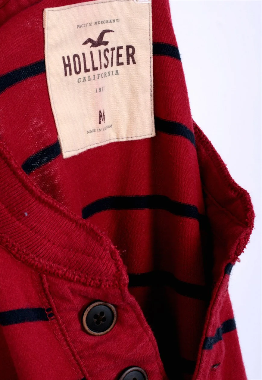 Hollister Mens M T-Shirt Long Sleeve Red Cotton Striped - Image 2