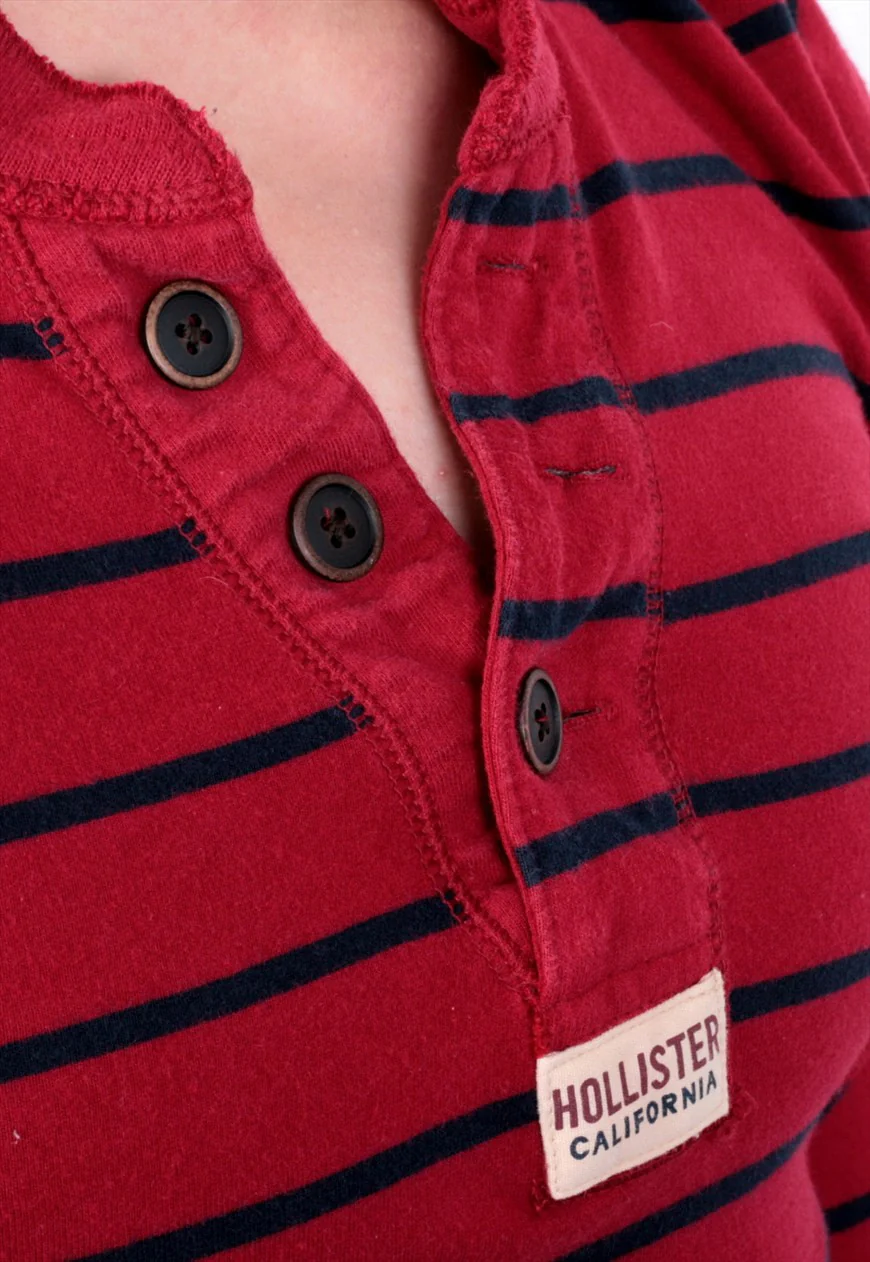 Hollister Mens M T-Shirt Long Sleeve Red Cotton Striped - Image 3