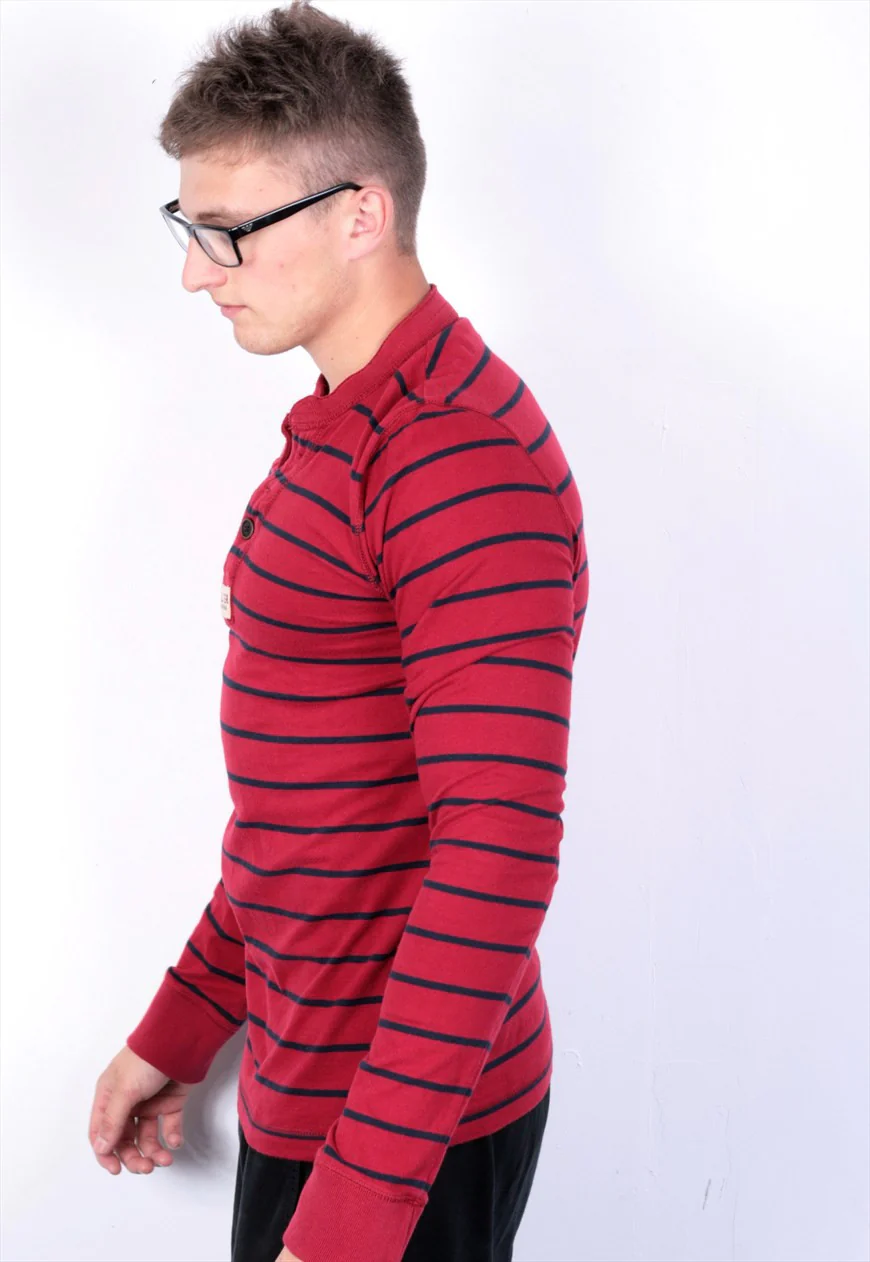 Hollister Mens M T-Shirt Long Sleeve Red Cotton Striped - Image 4
