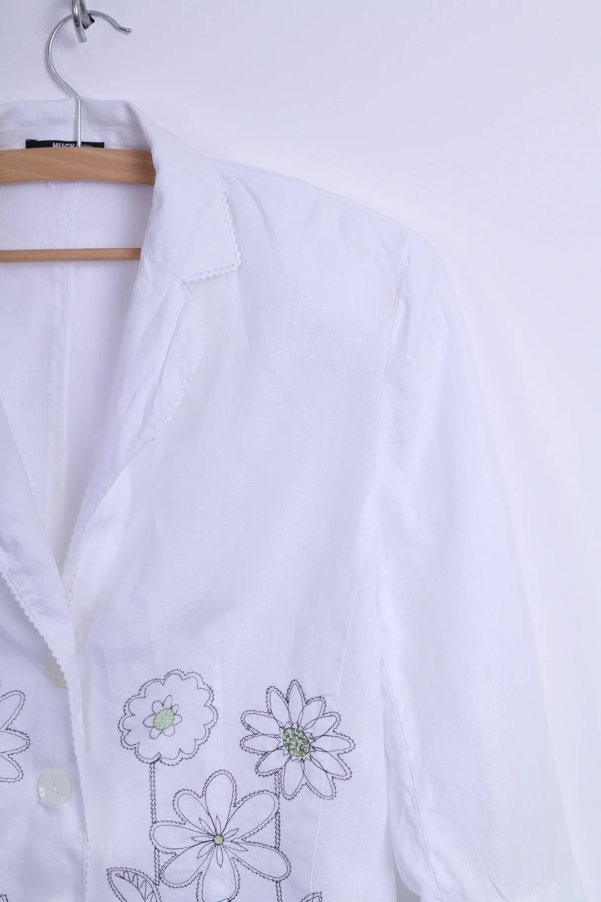 HUCKE Womens 14 XL Blazer White Embroidered Flowers Single Breasted Linen - Image 2