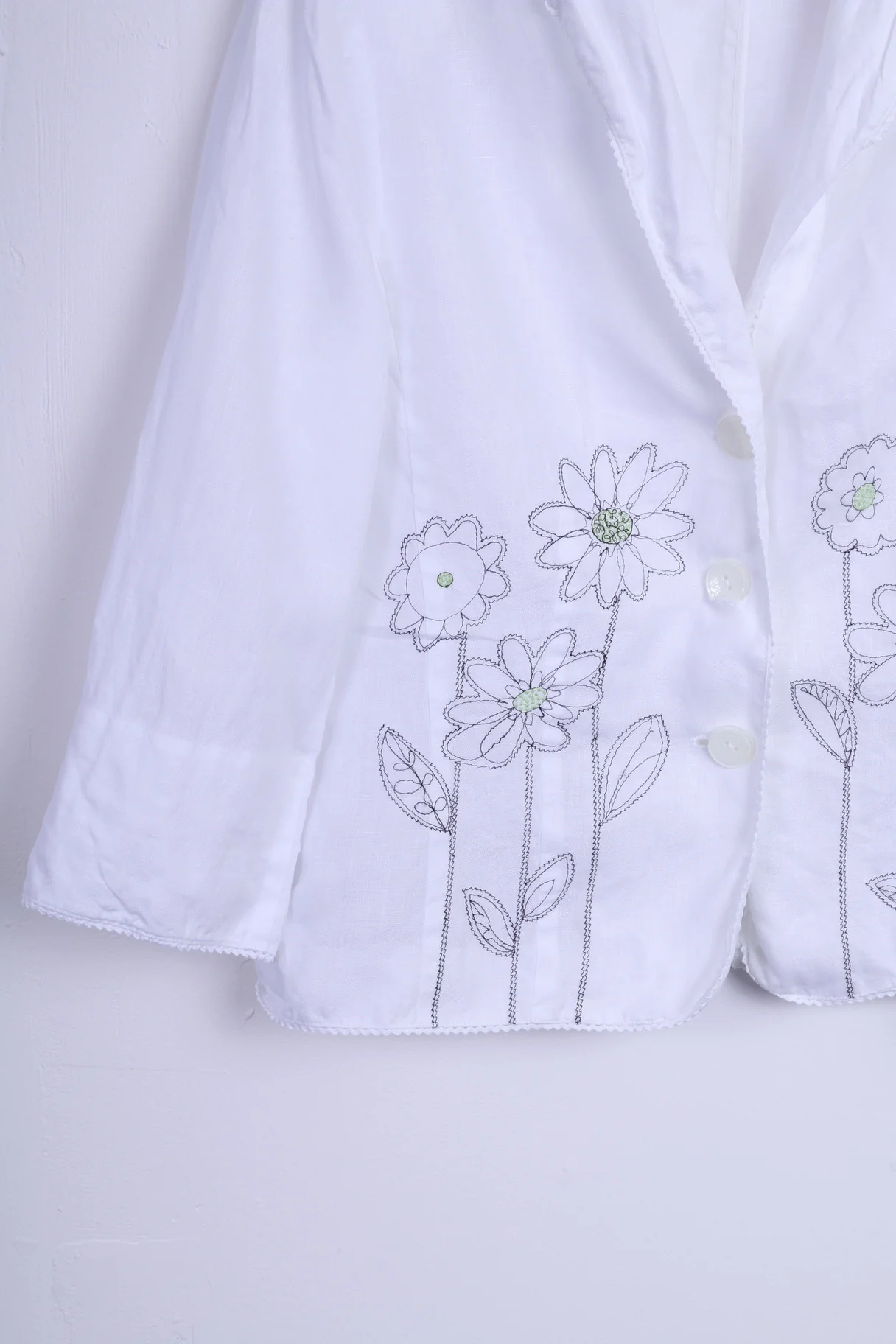 HUCKE Womens 14 XL Blazer White Embroidered Flowers Single Breasted Linen - Image 3