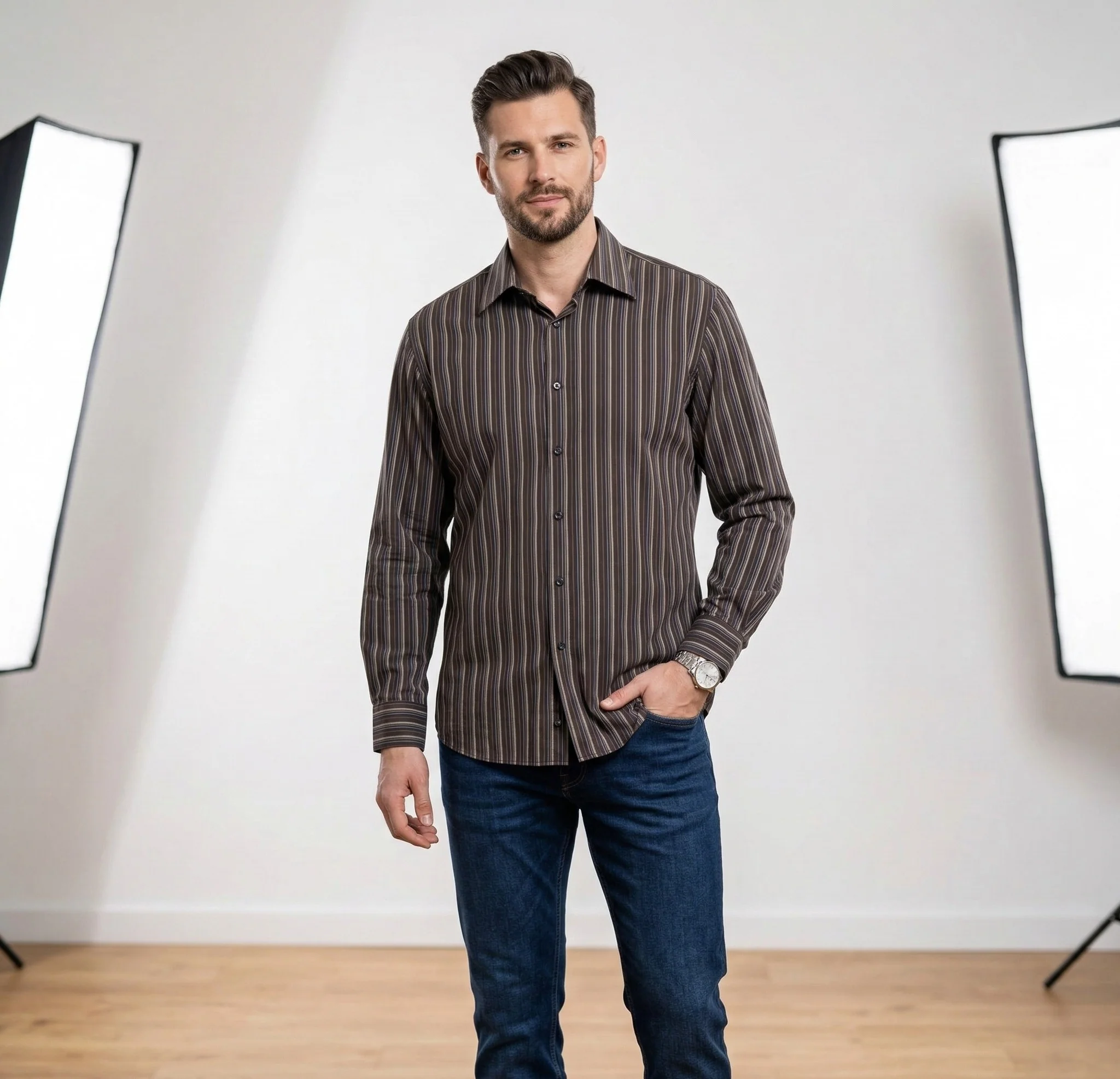Hugo Boss Men 17 43 XL Casual Shirt Brown Cotton Striped Long Sleeved Top