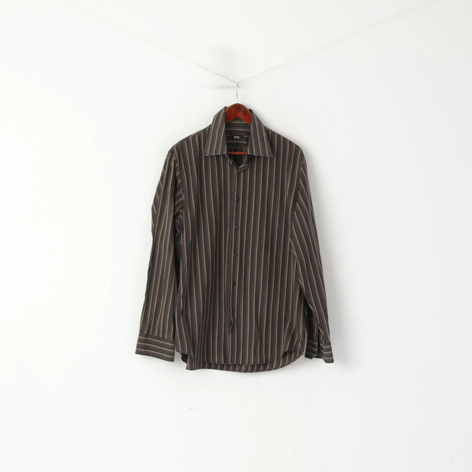 Hugo Boss Men 17 43 XL Casual Shirt Brown Cotton Striped Long Sleeved Top - Image 2