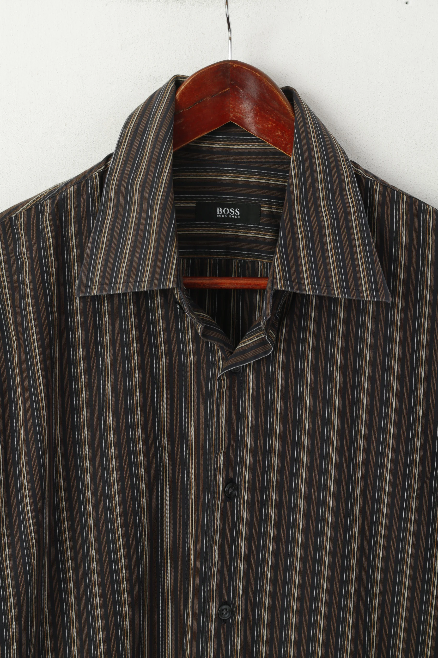 Hugo Boss Men 17 43 XL Casual Shirt Brown Cotton Striped Long Sleeved Top - Image 3