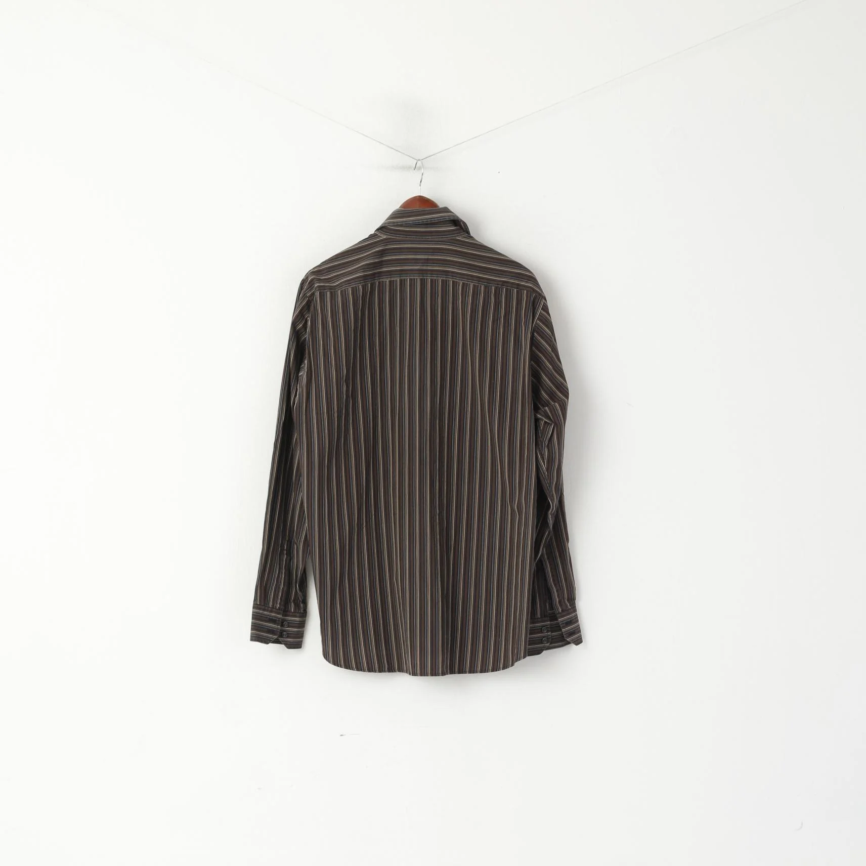 Hugo Boss Men 17 43 XL Casual Shirt Brown Cotton Striped Long Sleeved Top - Image 7
