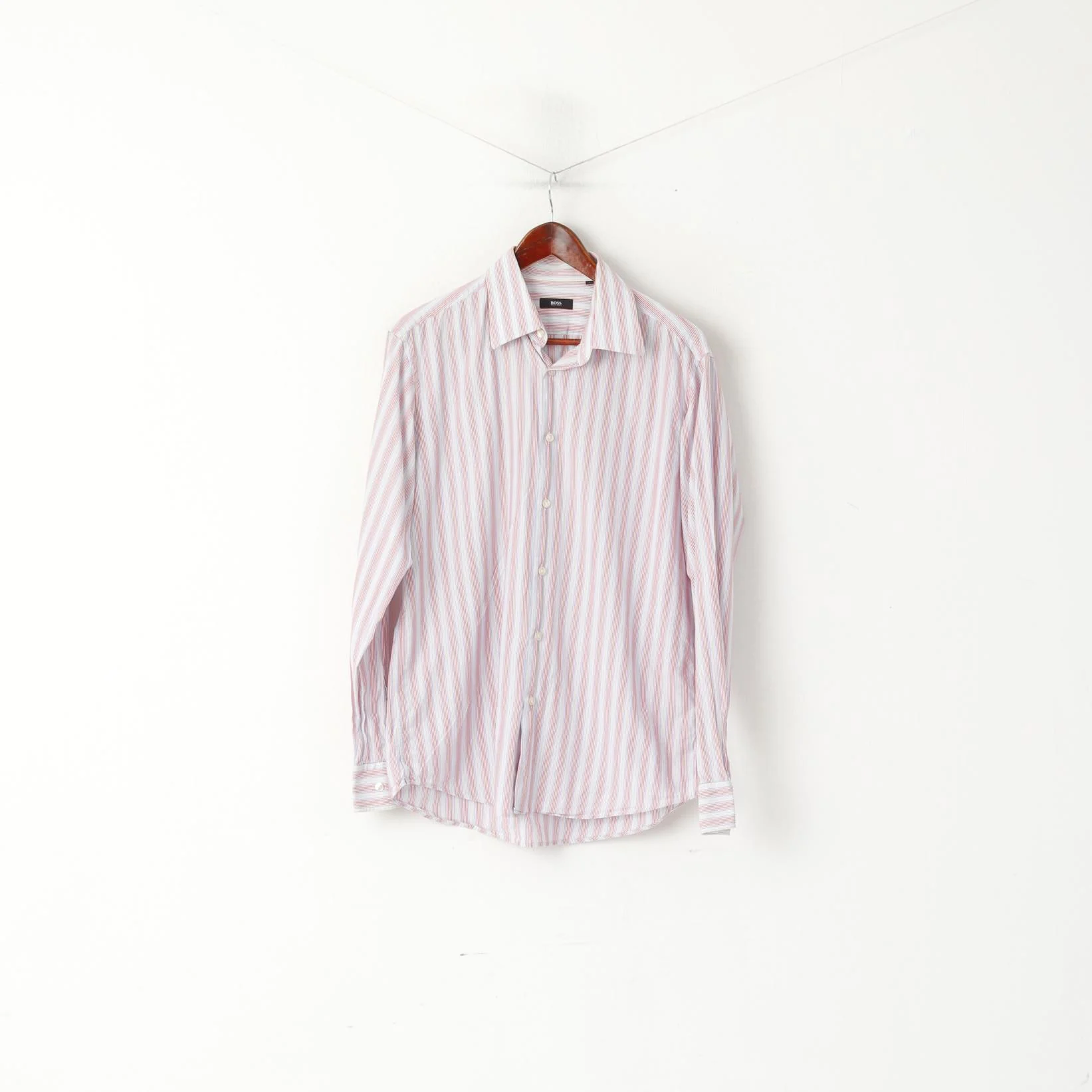 Hugo Boss Men 41 16 L Casual Shirt Blue Pink Striped Cotton Long Sleeve Top - Image 2
