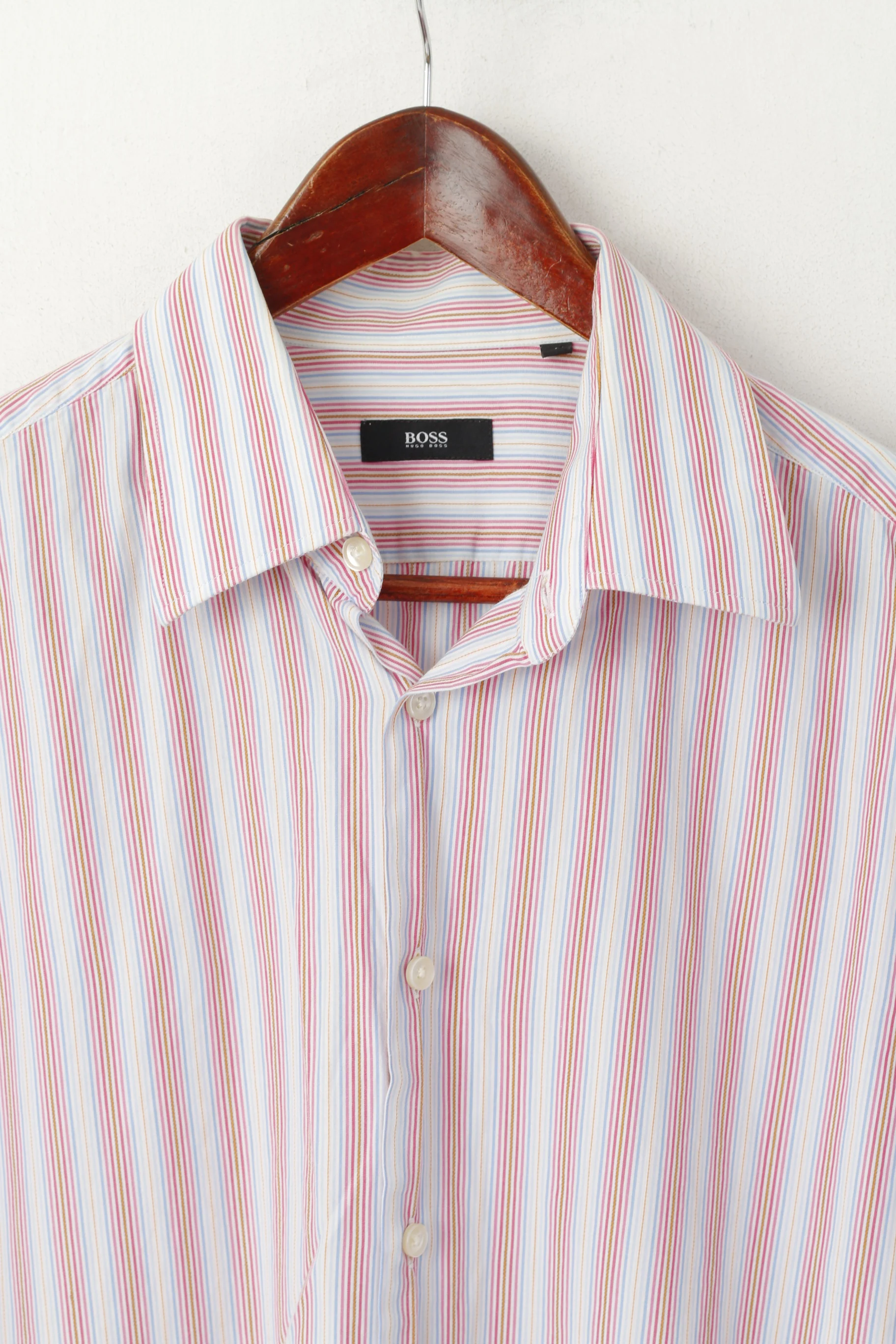 Hugo Boss Men 41 16 L Casual Shirt Blue Pink Striped Cotton Long Sleeve Top - Image 3