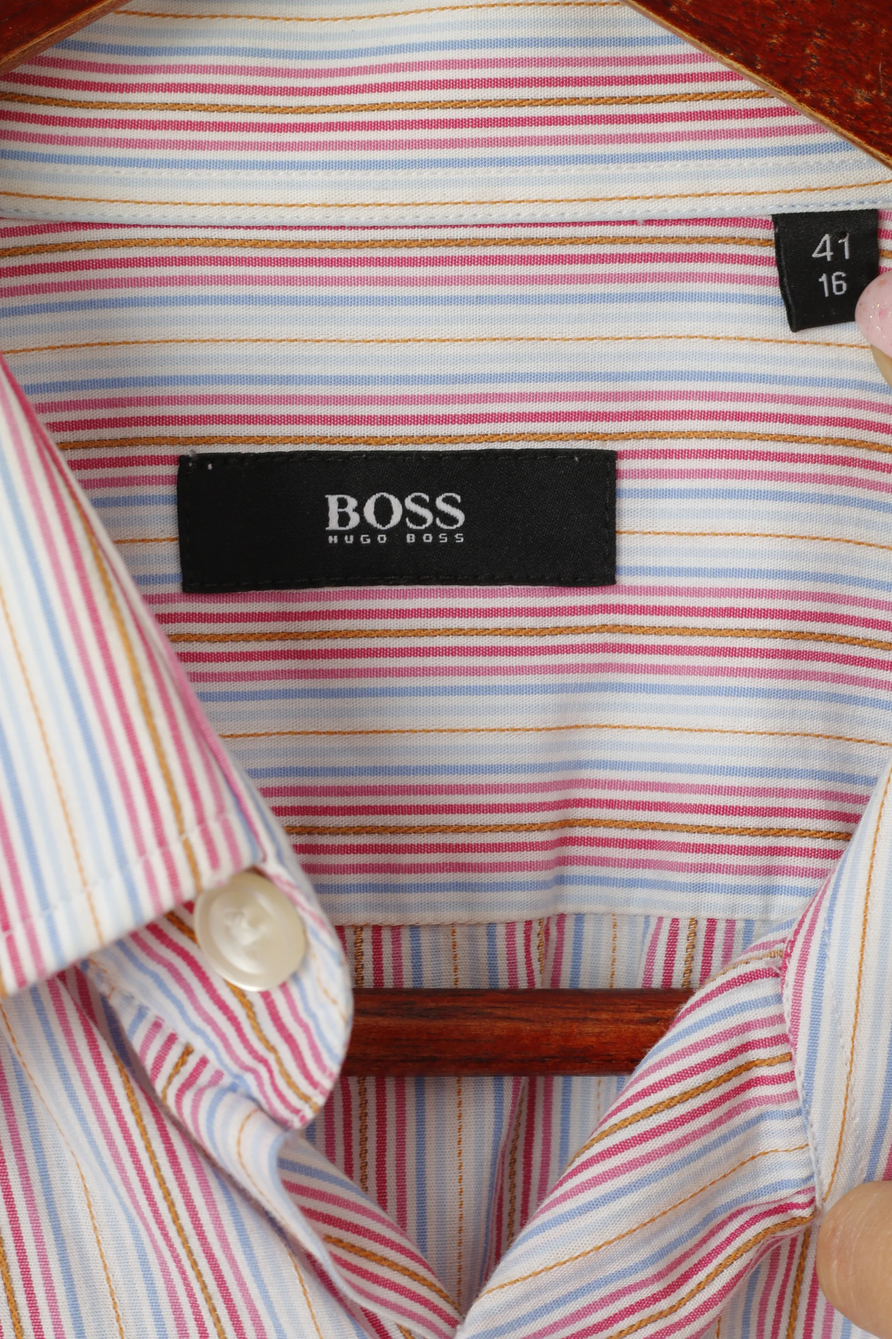 Hugo Boss Men 41 16 L Casual Shirt Blue Pink Striped Cotton Long Sleeve Top - Image 4