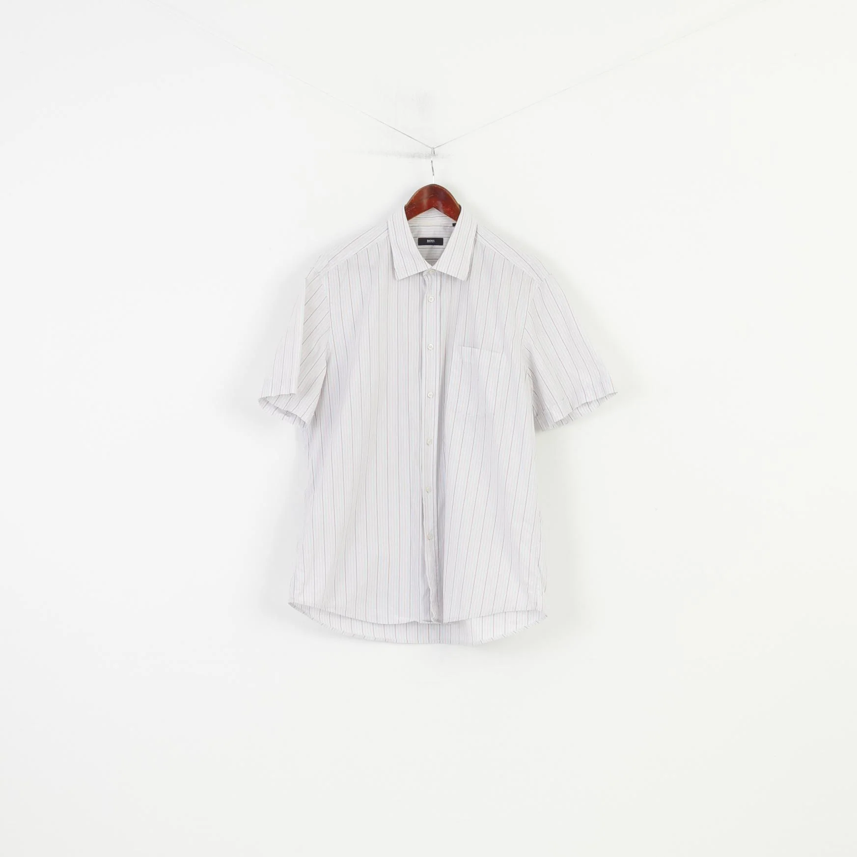 Hugo Boss Men 44 17.5  Casual Shirt Short Sleeve  Cotton Classic Striped White Top