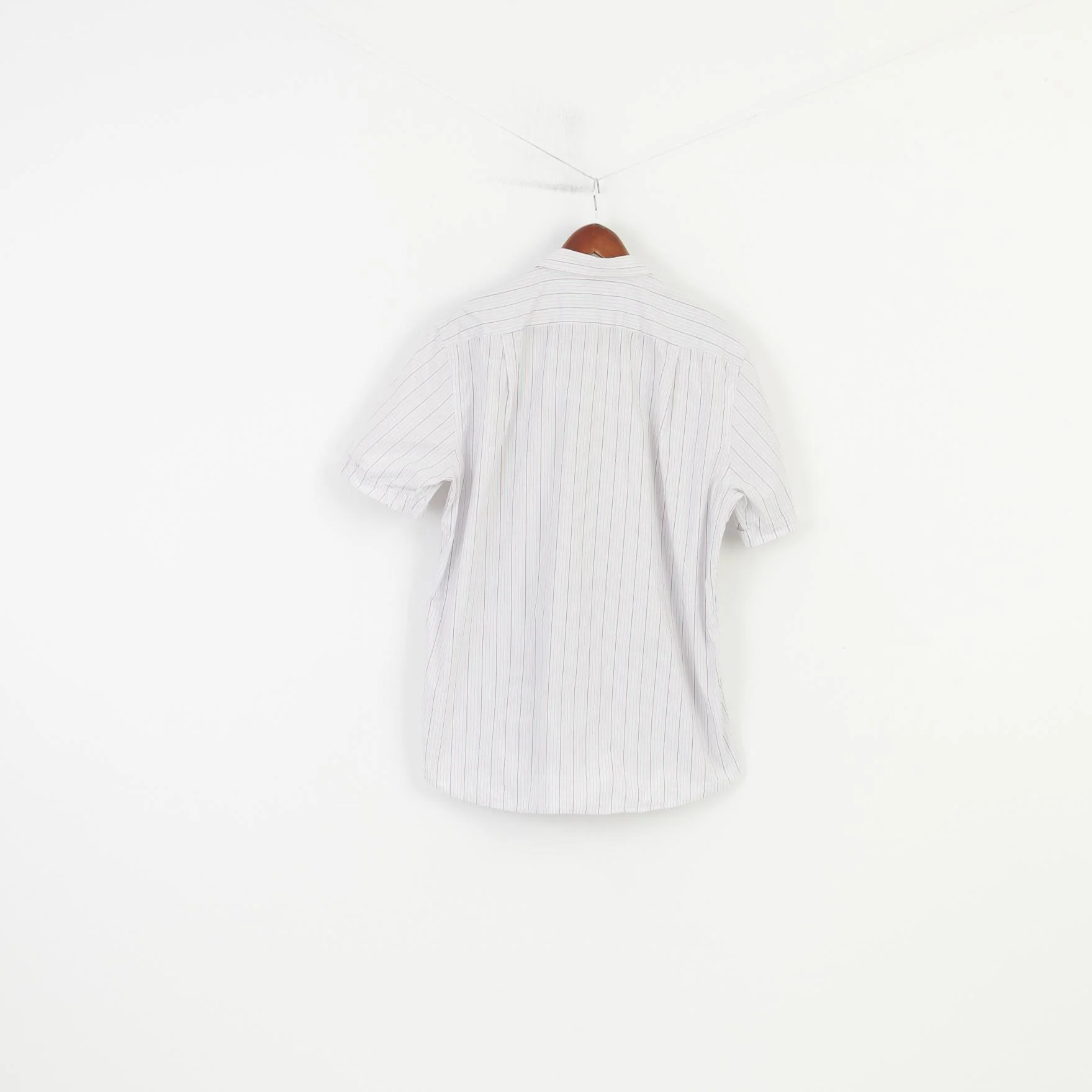 Hugo Boss Men 44 17.5  Casual Shirt Short Sleeve  Cotton Classic Striped White Top - Image 6