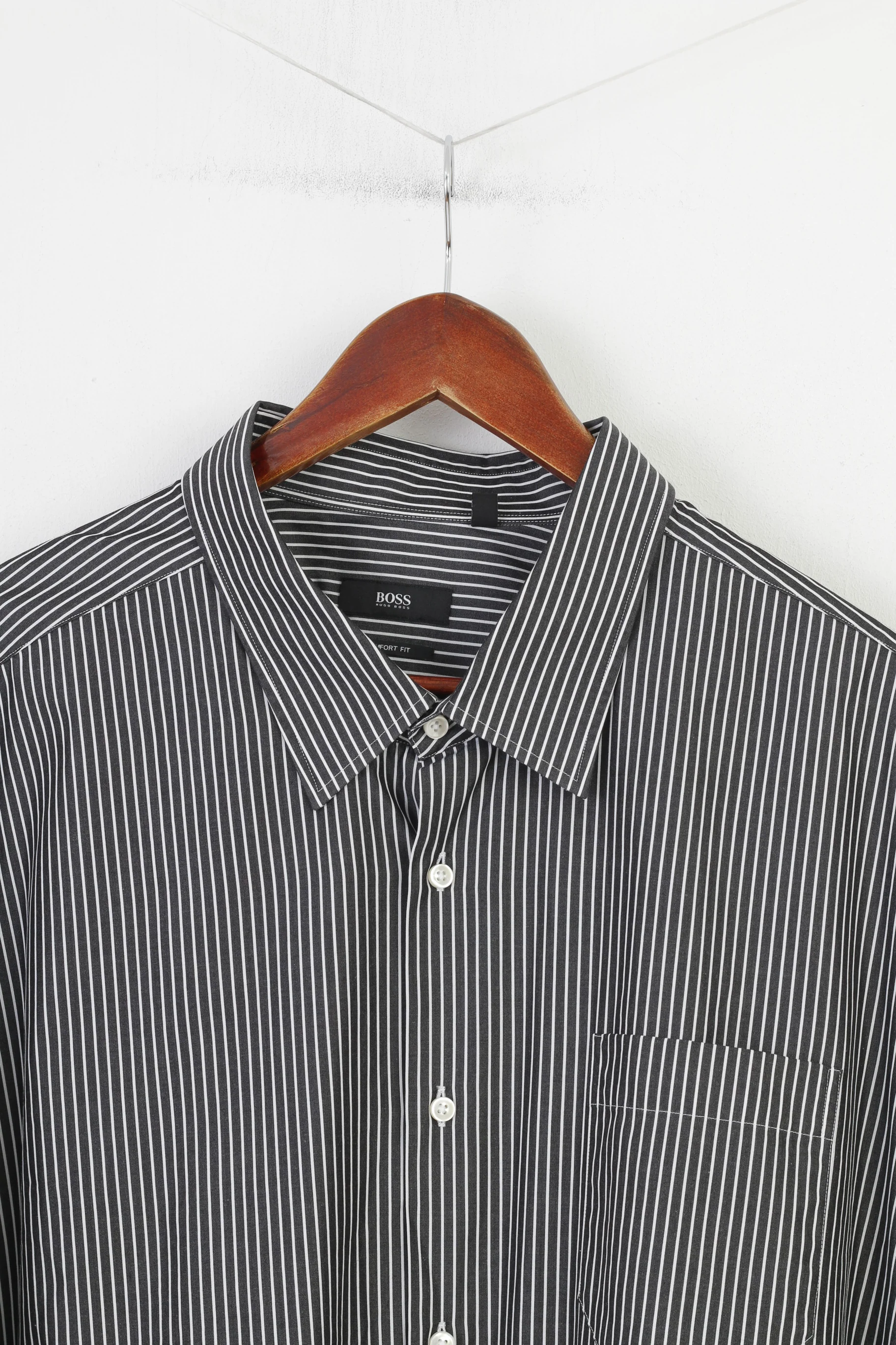 Hugo Boss Men 50 19 3/4 3XL Casual Shirt Black Cotton Striped Long Sleeve Classic Top - Image 2