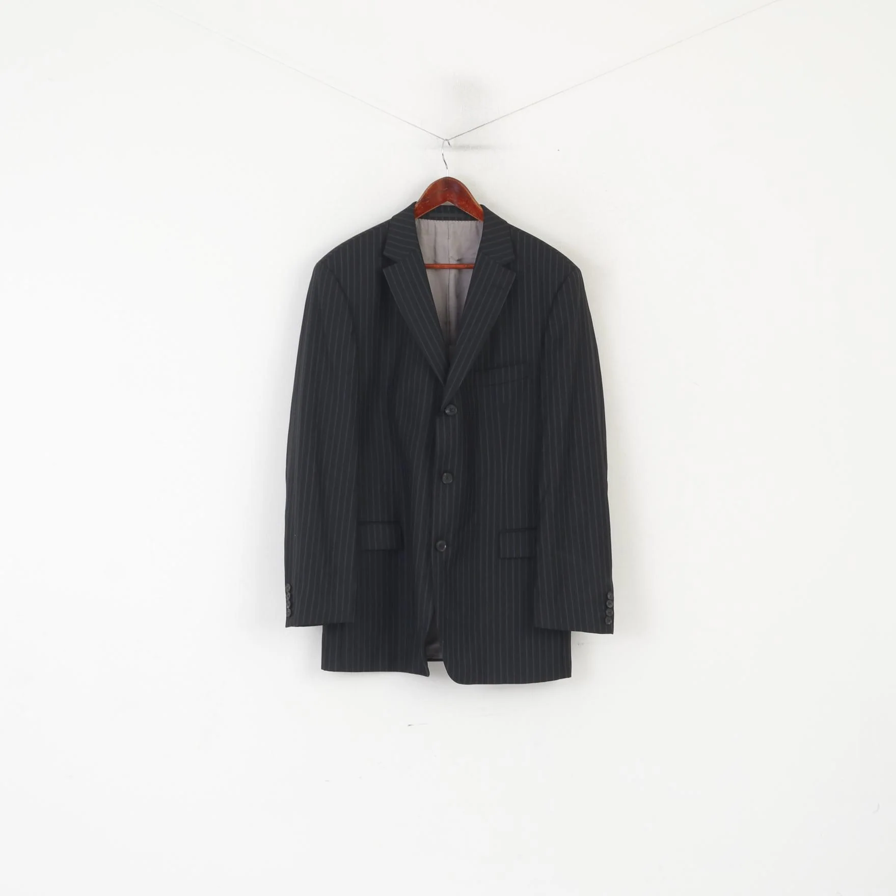 Hugo Boss Men 54 44 Blazer Black Wool Navy Striped Rossellini Single Breasted Jacket - Image 2