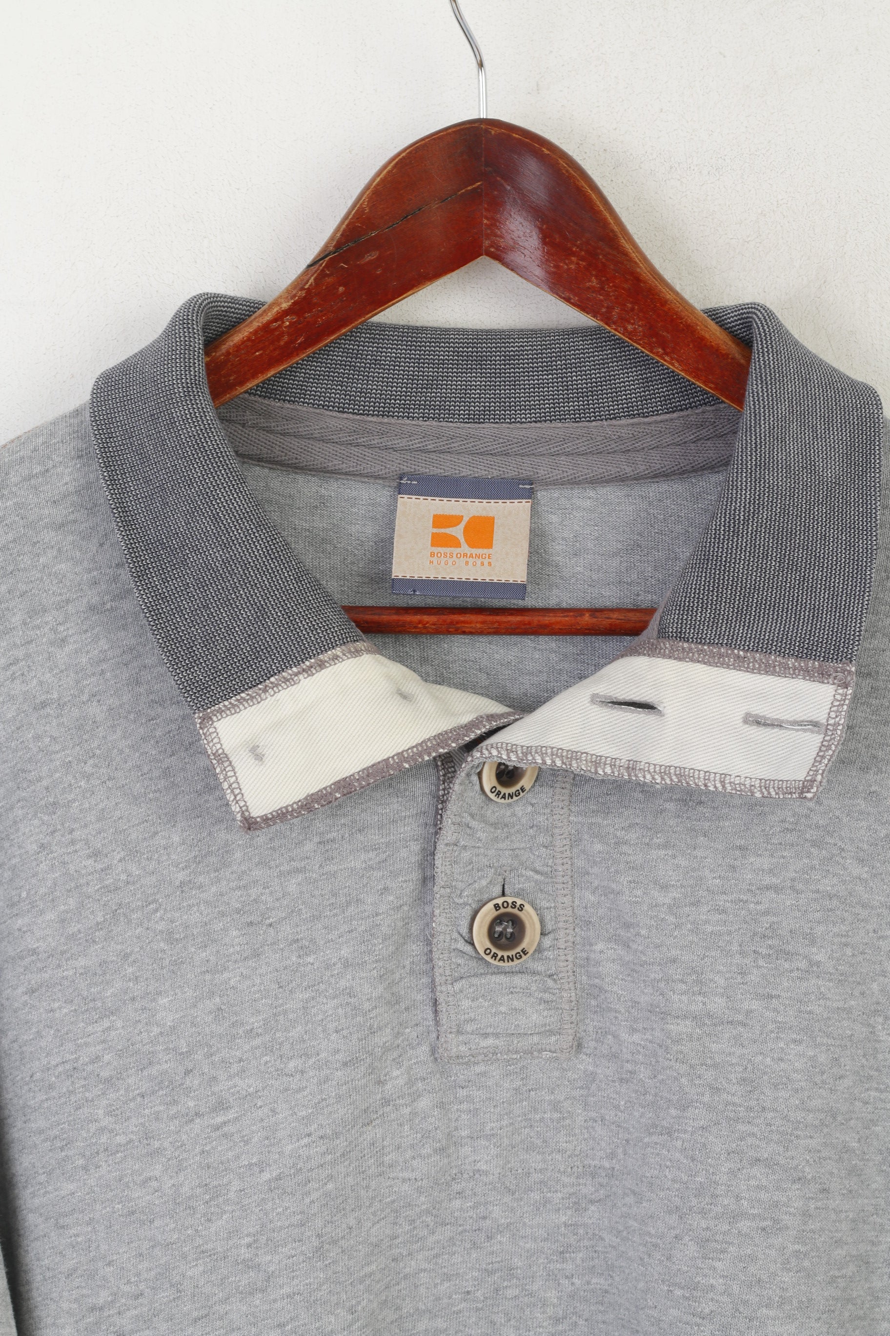 Hugo Boss Orange Men XL Polo Shirt Gray Cotton Long Sleeve Detailed Buttons Top - Image 3