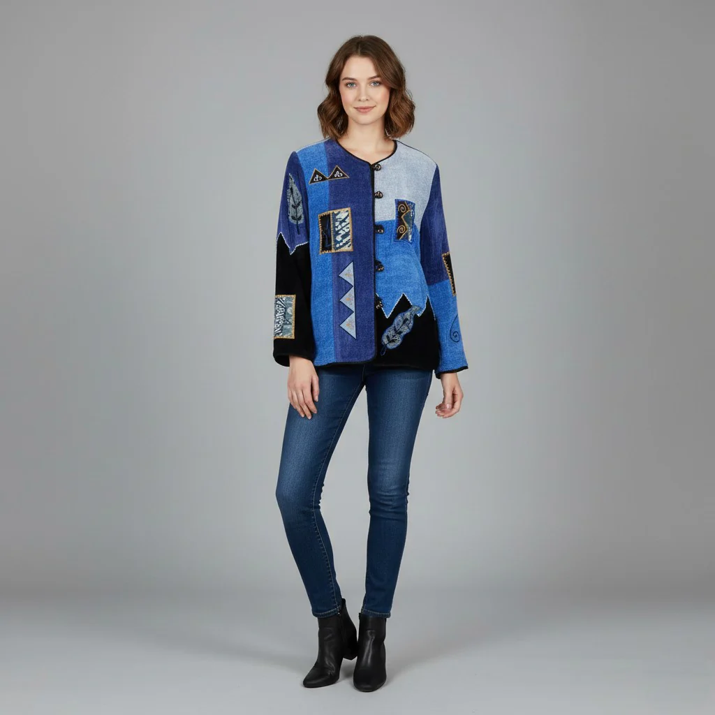 Indigo Moon Women M Jacket Blue Viscose Patchwork Emroidered Shoulder Pads Blazer