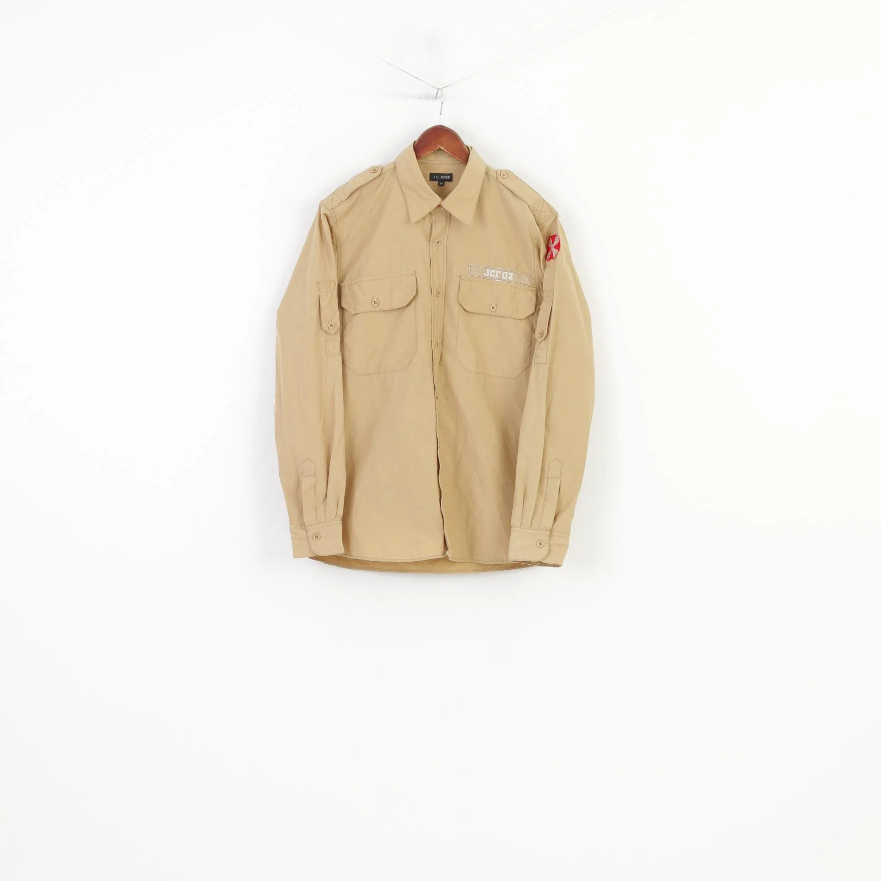 J.C.RAGS Men M Casual Shirt Cotton Beige  Collar Long Sleeve Classic Top