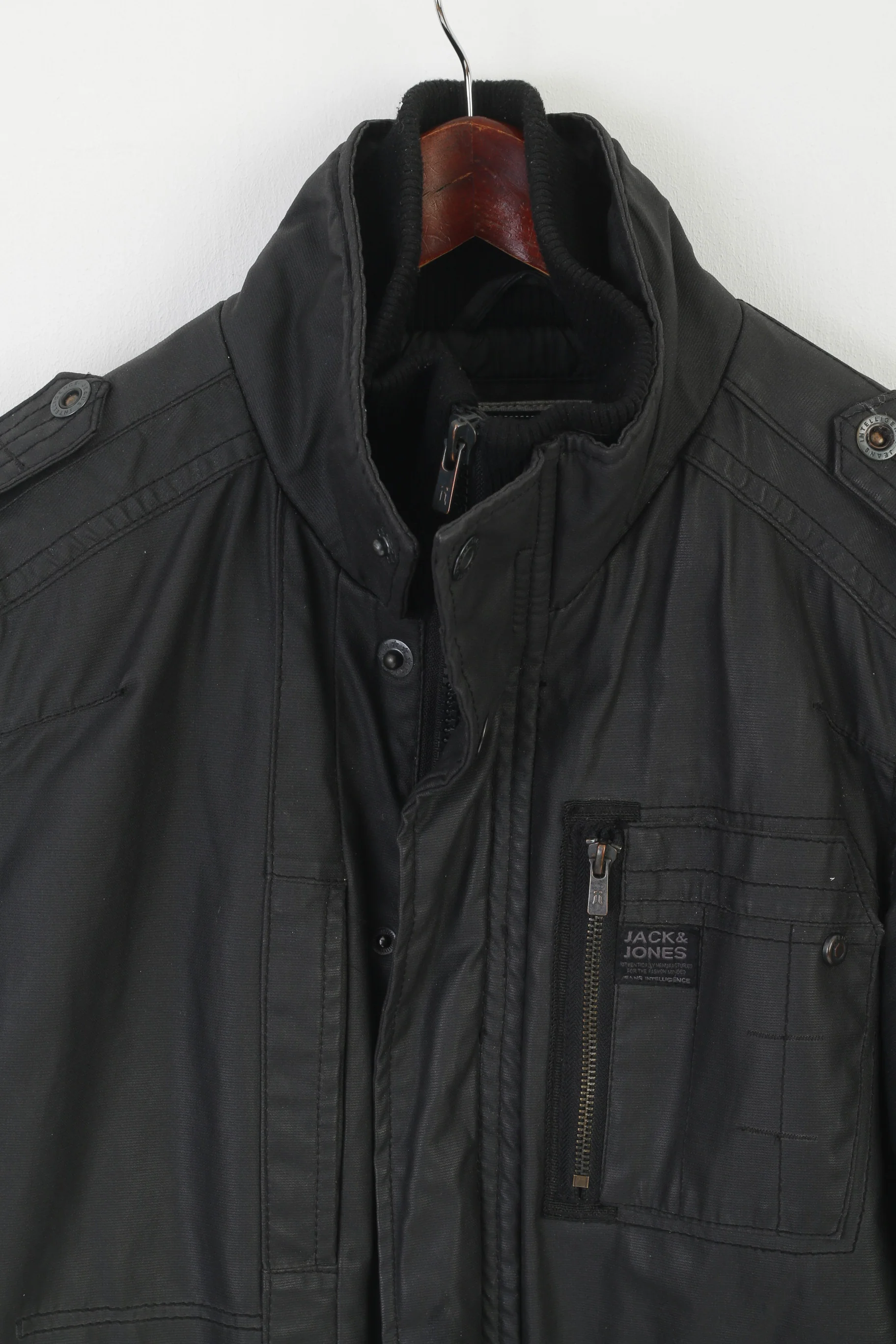 Jack & Jones Men M Jacket Black Wax Cotton Padded Rewind Style Zip Up Top - Image 2