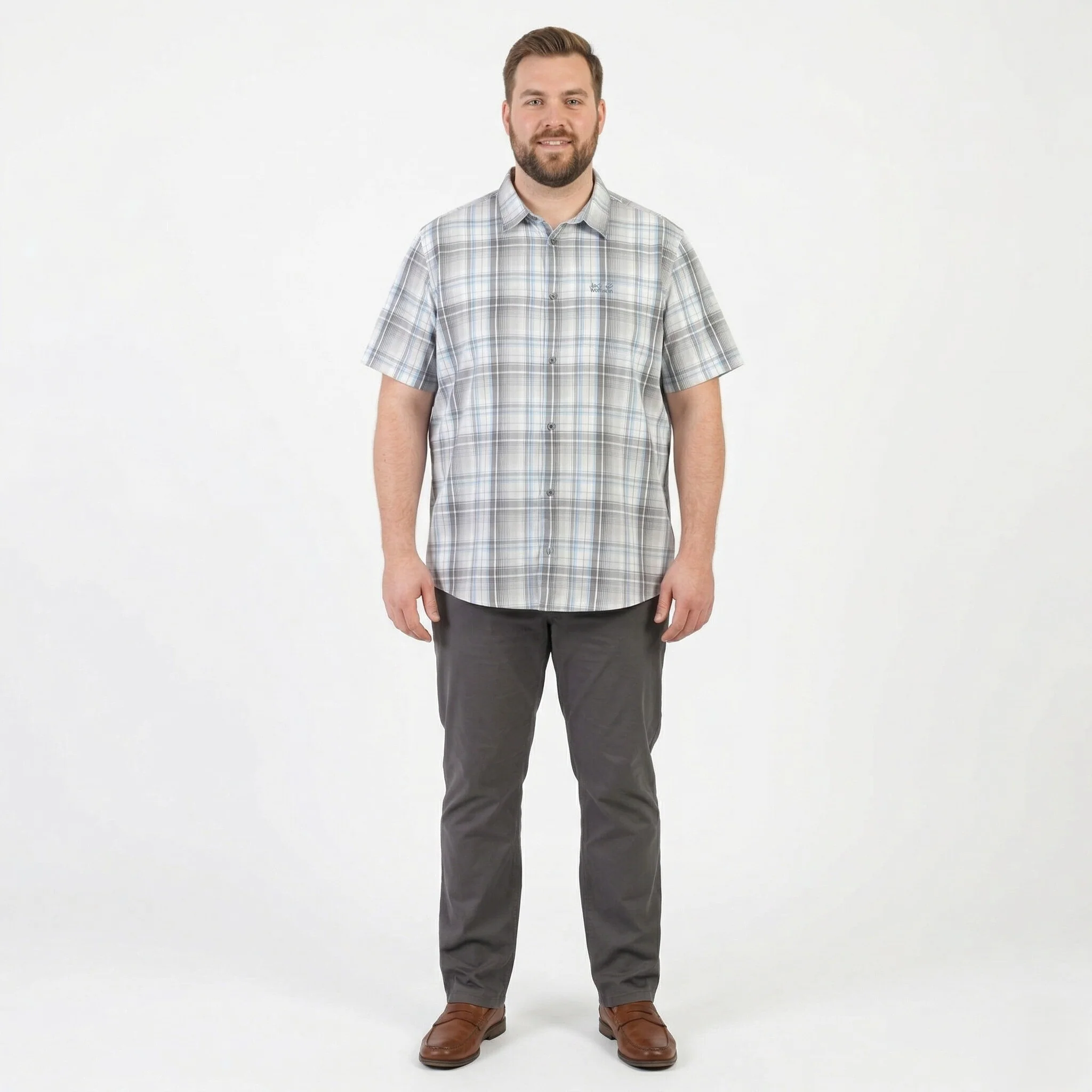 Jack Wolfskin Men 3XL Casual Shirt Gray Cotton Check Outdoor Short Sleeve Top