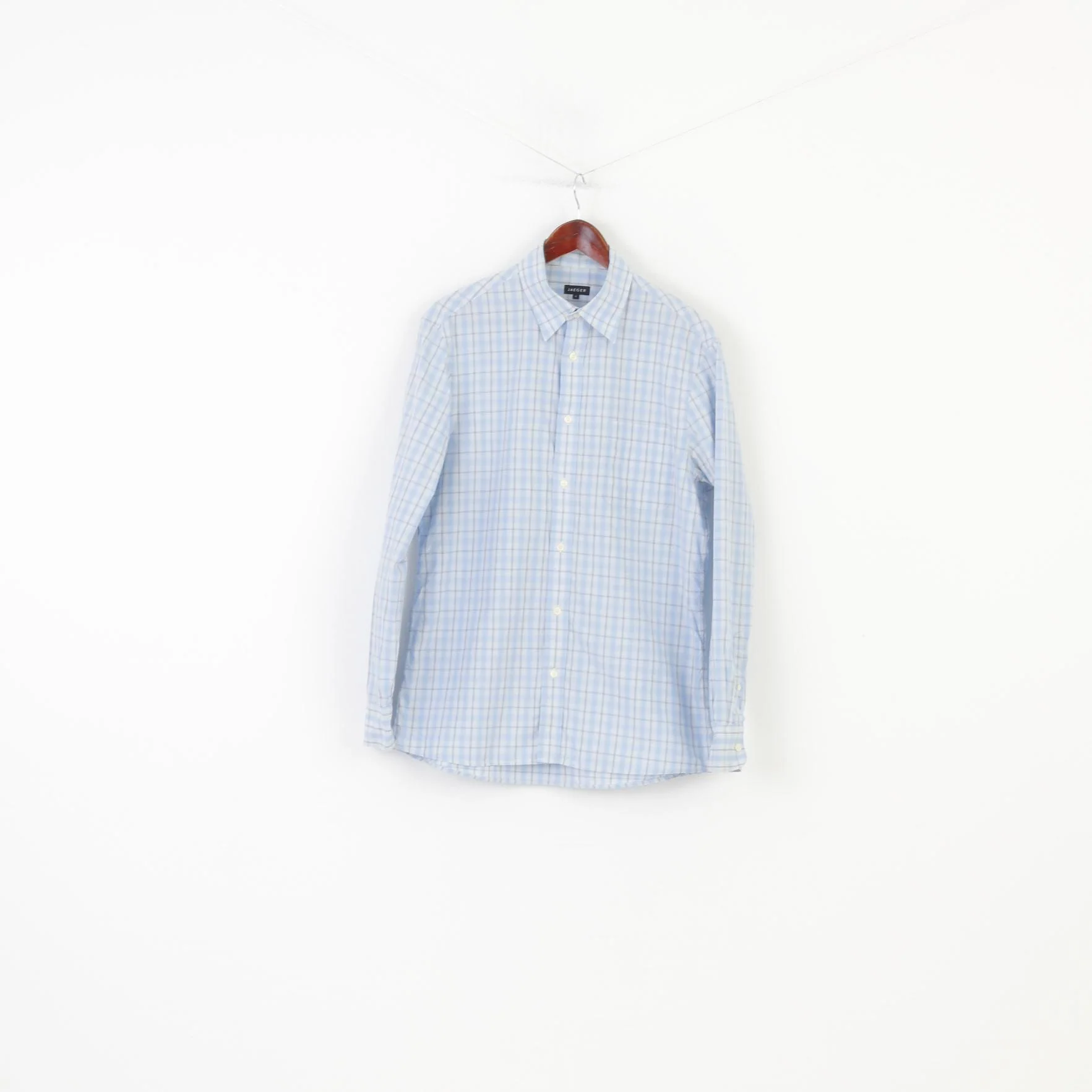 Jaeger Men M Casual Shirt Checkered Long Sleeve Blue Cotton Classic Top