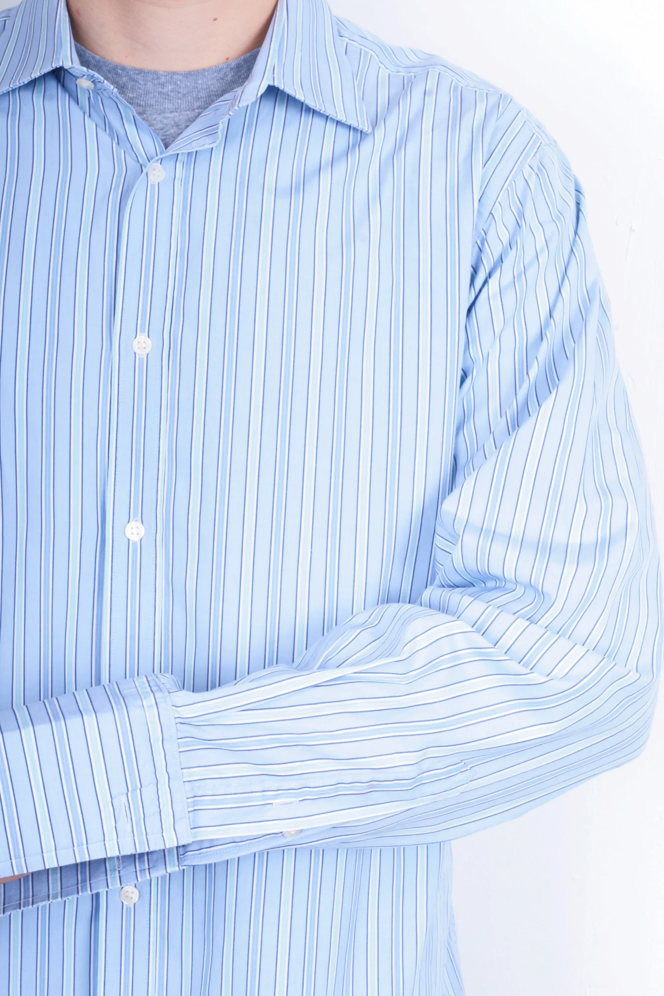 Jaeger Mens 16.5 M Formal Shirt Striped Blue Cotton Slim Fit Cufflinks - Image 4