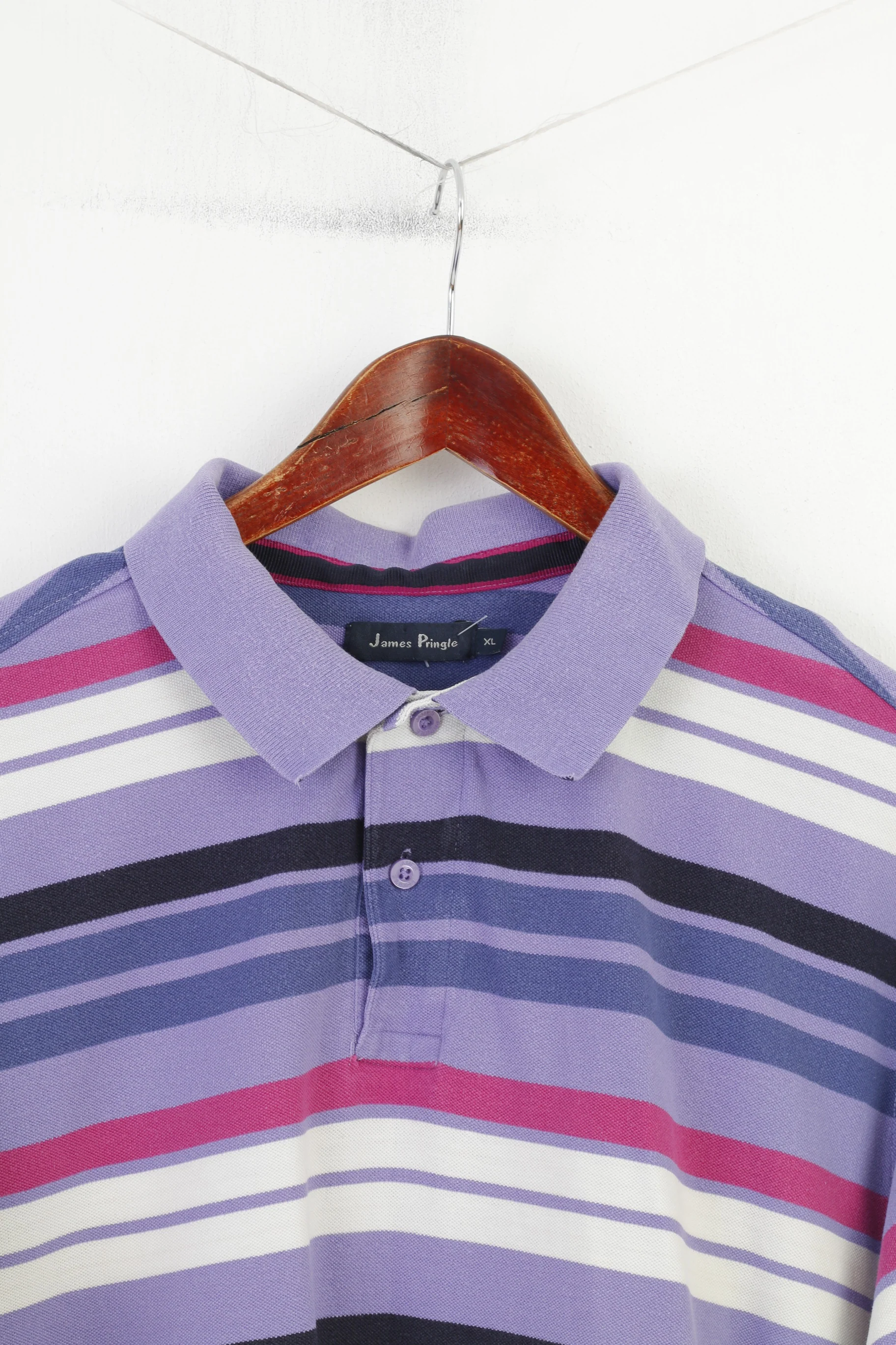 James Pringle Men XL Polo Shirt Purple Striped Cotton Classic Collar Short Sleeve Top - Image 2