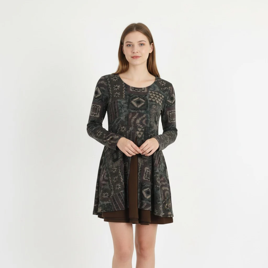 Jazz Collection Women S Mini Dress Green Printed Swing Skater Crew Neck