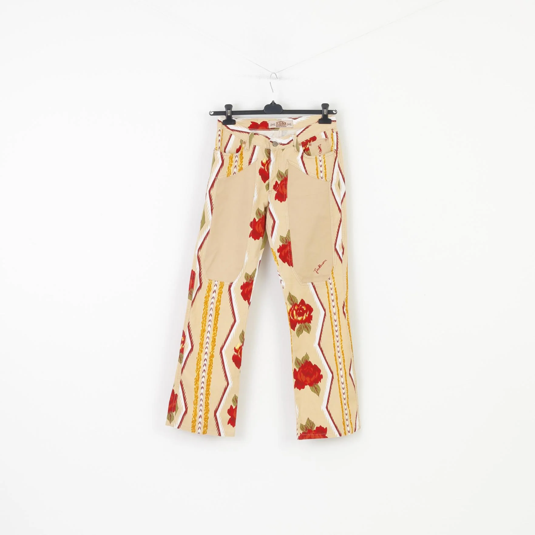 Jeckerson Woman 42 Trousers Cotton Beige Flower Print Regular Fit Wide Legs Pants - Image 2
