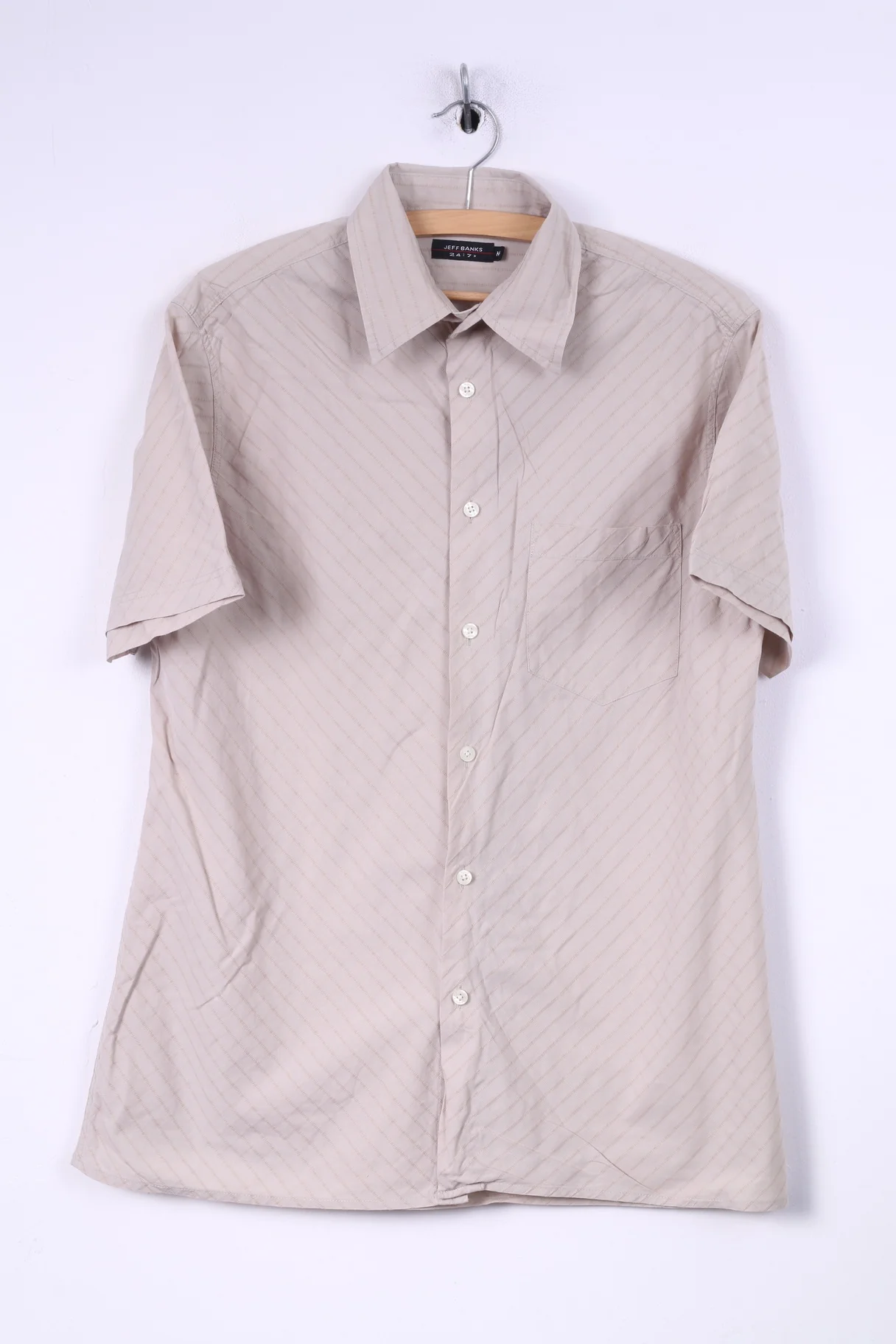 Jeff Banks London Mens M Casual Shirt Cotton Beige Check Short Sleeve