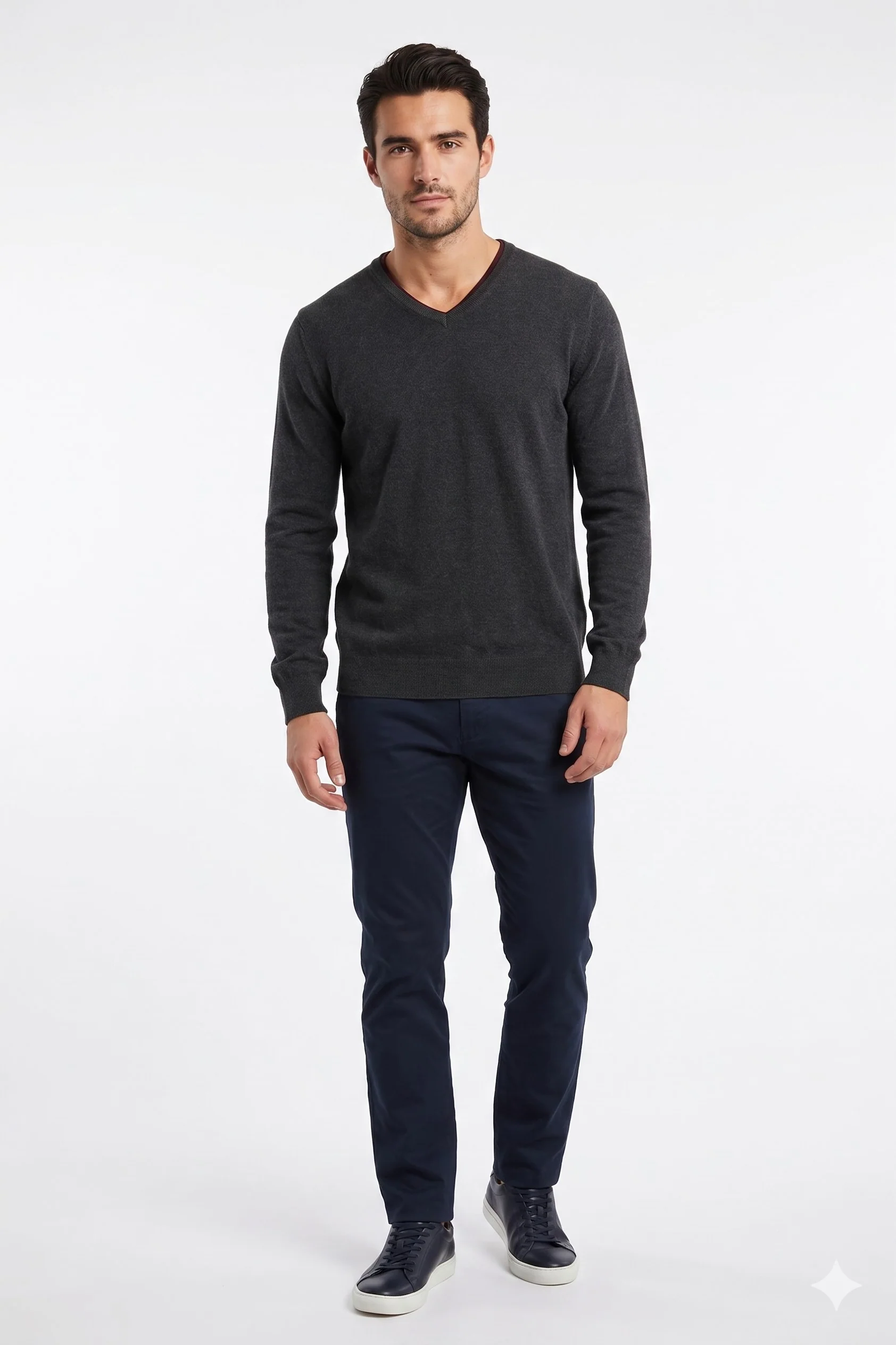 Jeff Banks Men L (M) Jumper Gray Cotton V Neck Stretch Light Classic Sweater