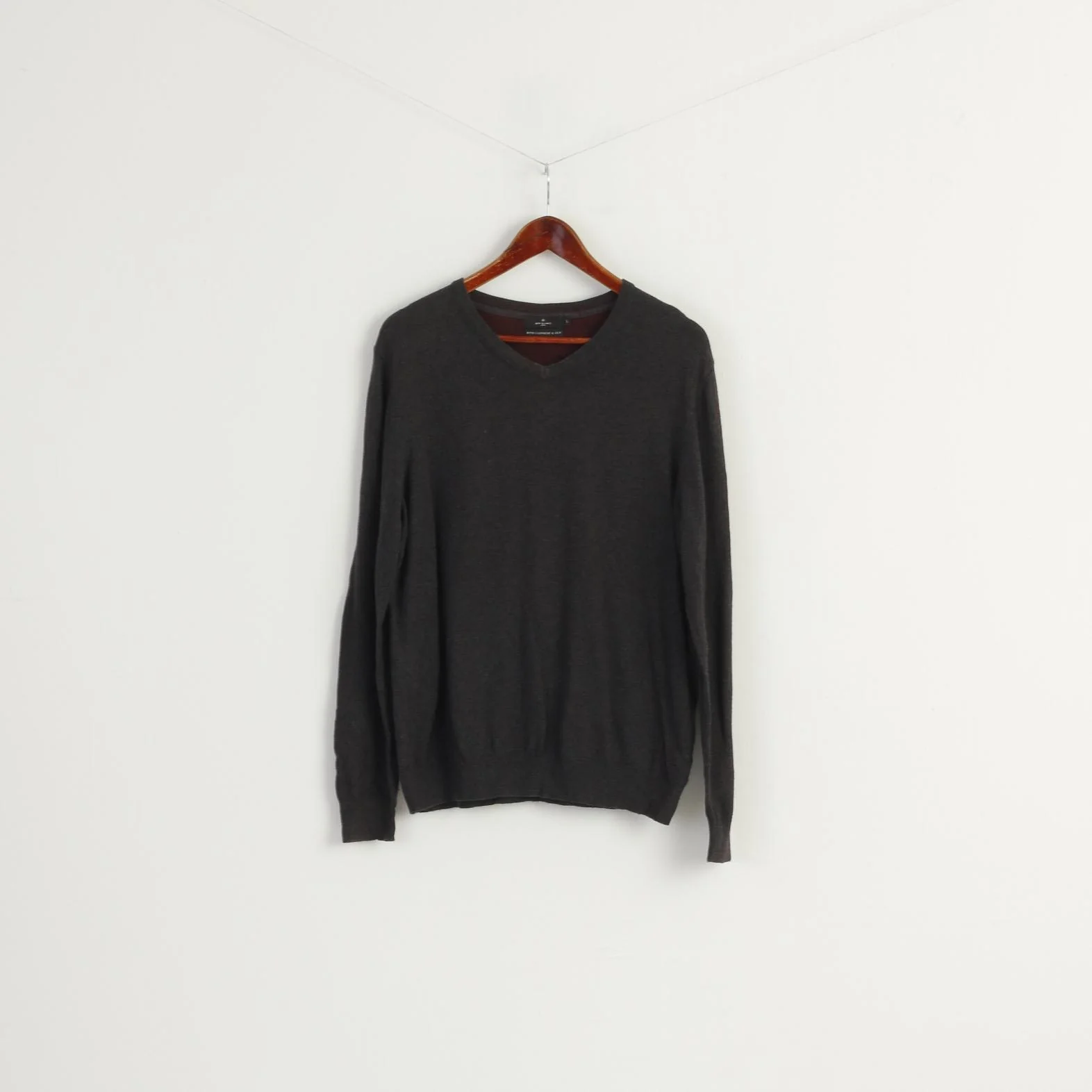 Jeff Banks Men L (M) Jumper Gray Cotton V Neck Stretch Light Classic Sweater - Image 2