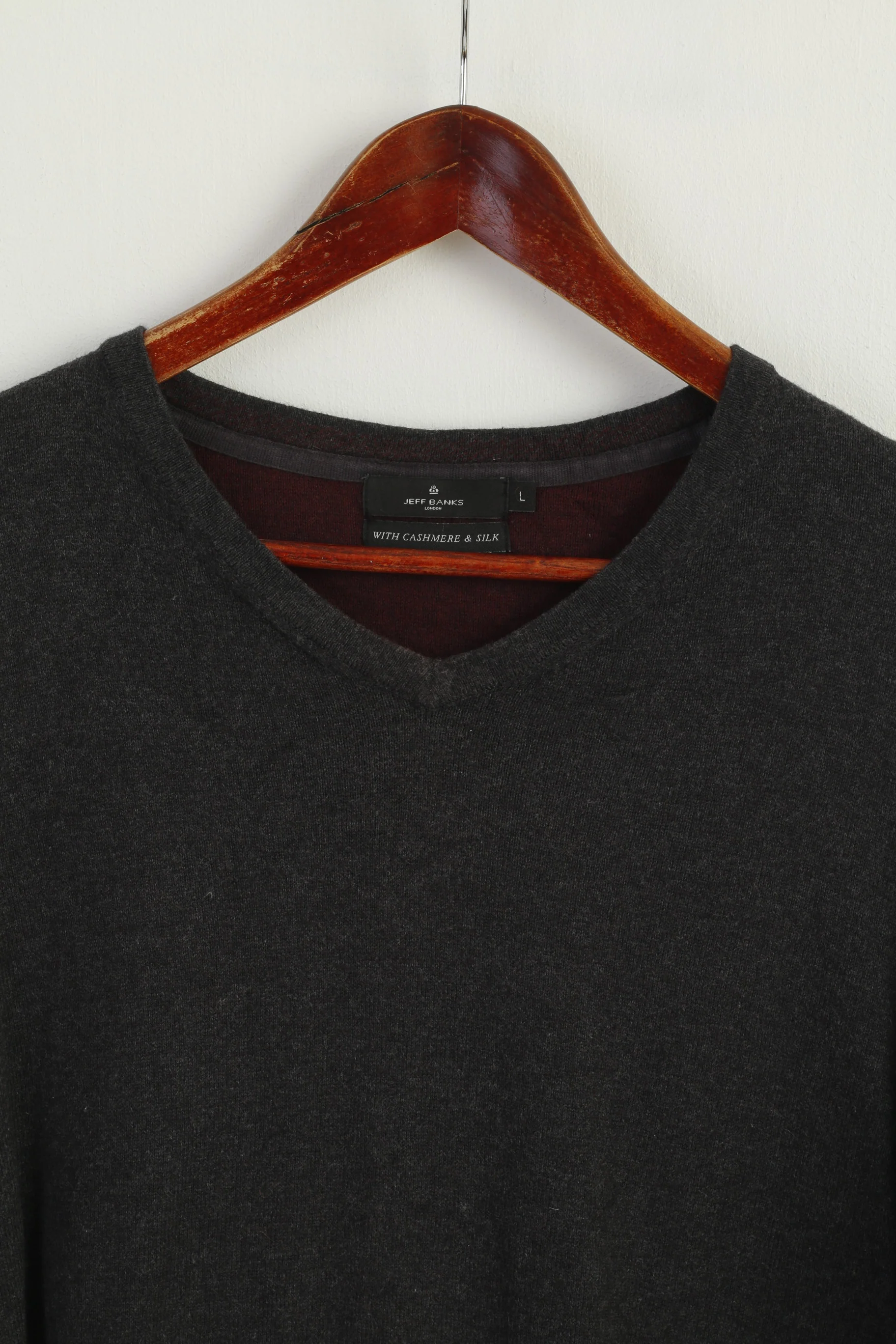 Jeff Banks Men L (M) Jumper Gray Cotton V Neck Stretch Light Classic Sweater - Image 3