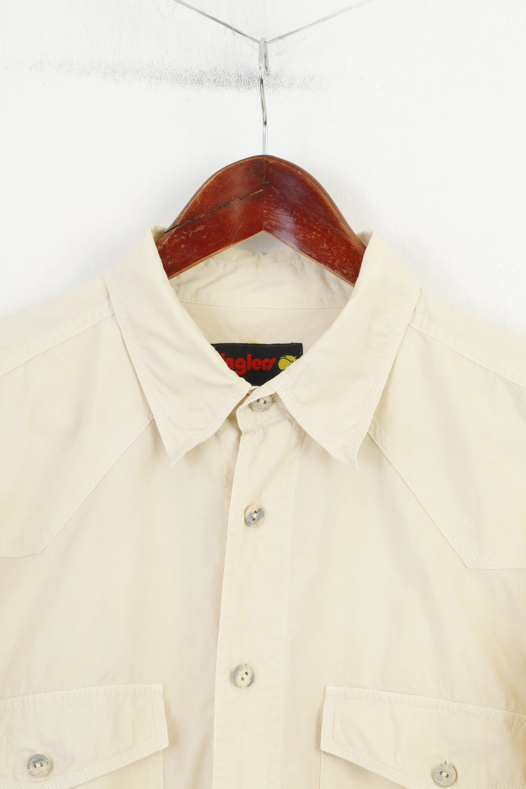 Jinglers Men L Casual Shirt Beige Cotton Short Sleeve Pockets Bottoms Collar Vintage Top - Image 2