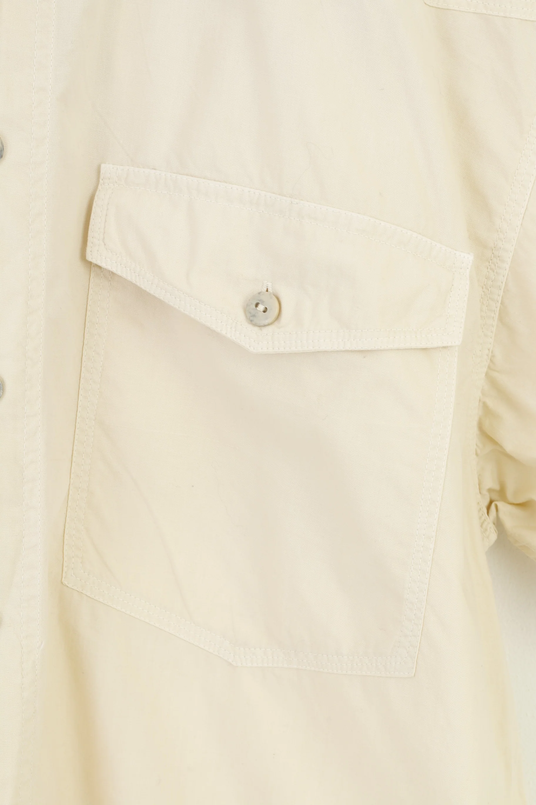 Jinglers Men L Casual Shirt Beige Cotton Short Sleeve Pockets Bottoms Collar Vintage Top - Image 4