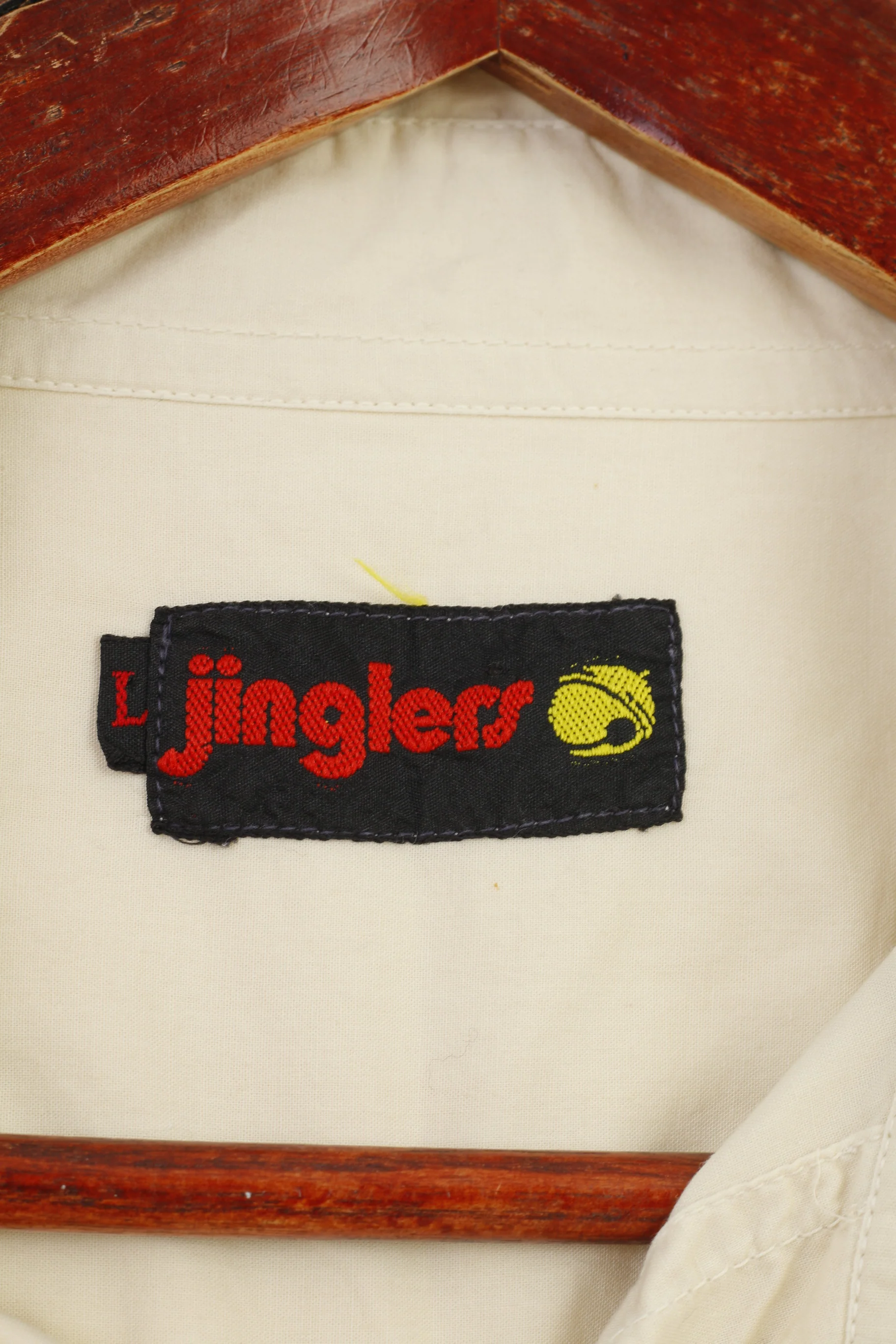 Jinglers Men L Casual Shirt Beige Cotton Short Sleeve Pockets Bottoms Collar Vintage Top - Image 5