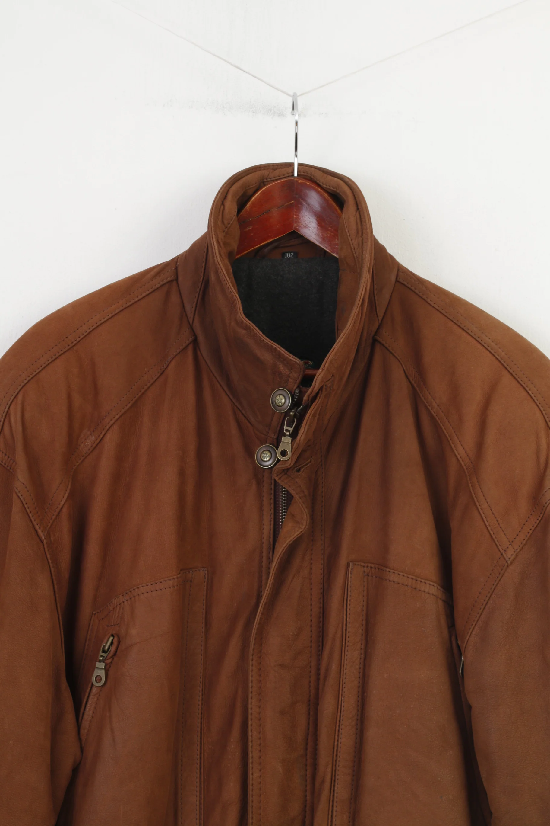 John B. Classic Line Men 102 L Leather Jacket Vintage Brown Full Zipper Padded Pockets Collar Top - Image 2