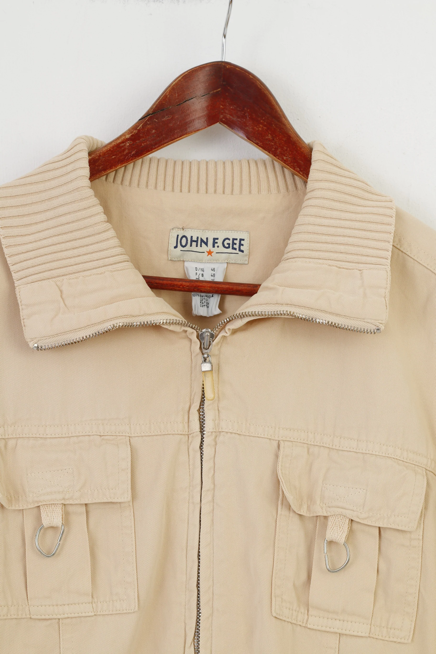 JOHN F. GEE Woman S Jacket Beige Cotton Collar Full Zipper Long Sleeve Vintage Pockets Sport Top - Image 2