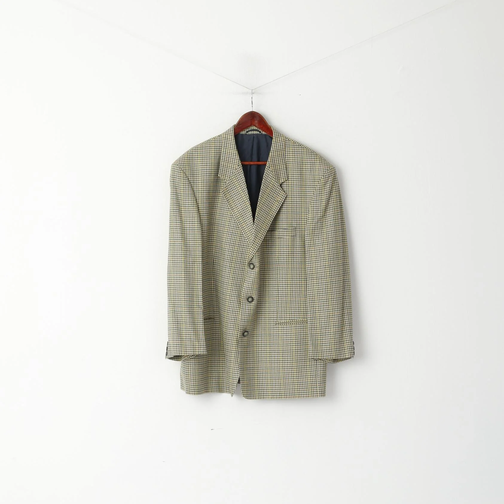 John Harris Men 28 46 Blazer Beige Checkered Wool Silk Vintage 90s Stretch Fit Jacket - Image 2