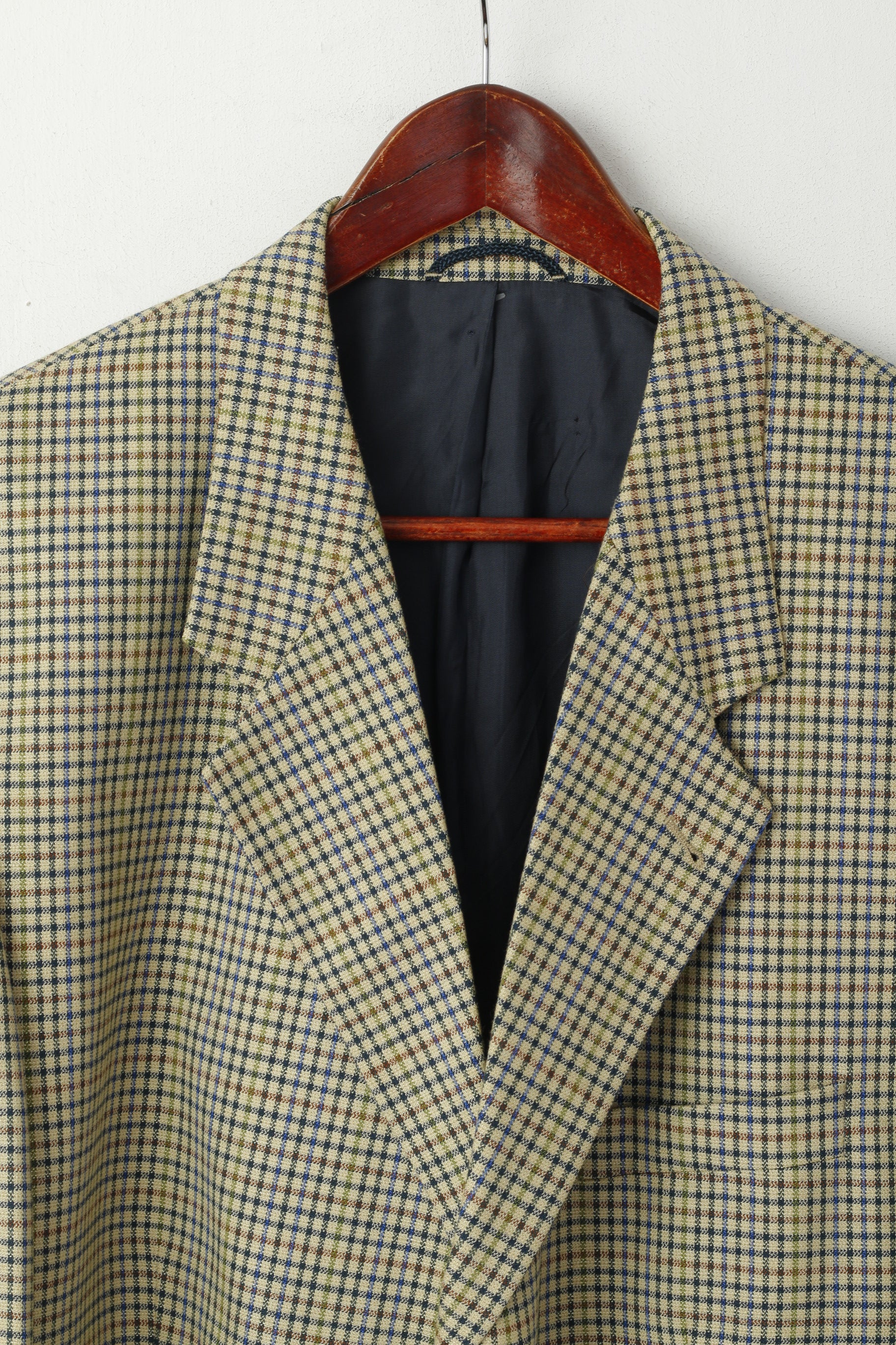 John Harris Men 28 46 Blazer Beige Checkered Wool Silk Vintage 90s Stretch Fit Jacket - Image 3