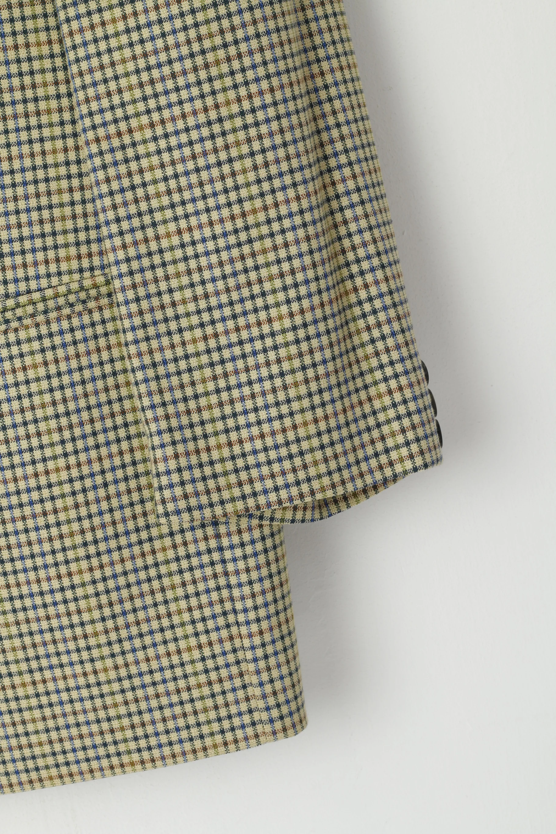 John Harris Men 28 46 Blazer Beige Checkered Wool Silk Vintage 90s Stretch Fit Jacket - Image 4