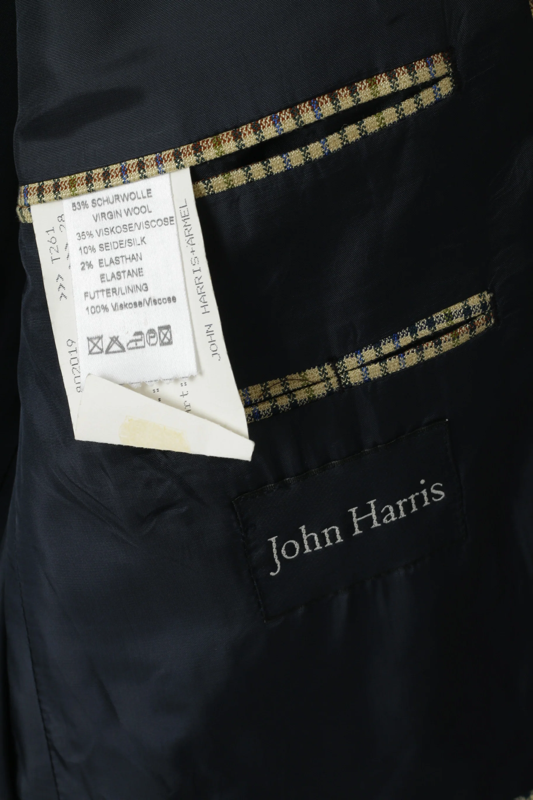John Harris Men 28 46 Blazer Beige Checkered Wool Silk Vintage 90s Stretch Fit Jacket - Image 5