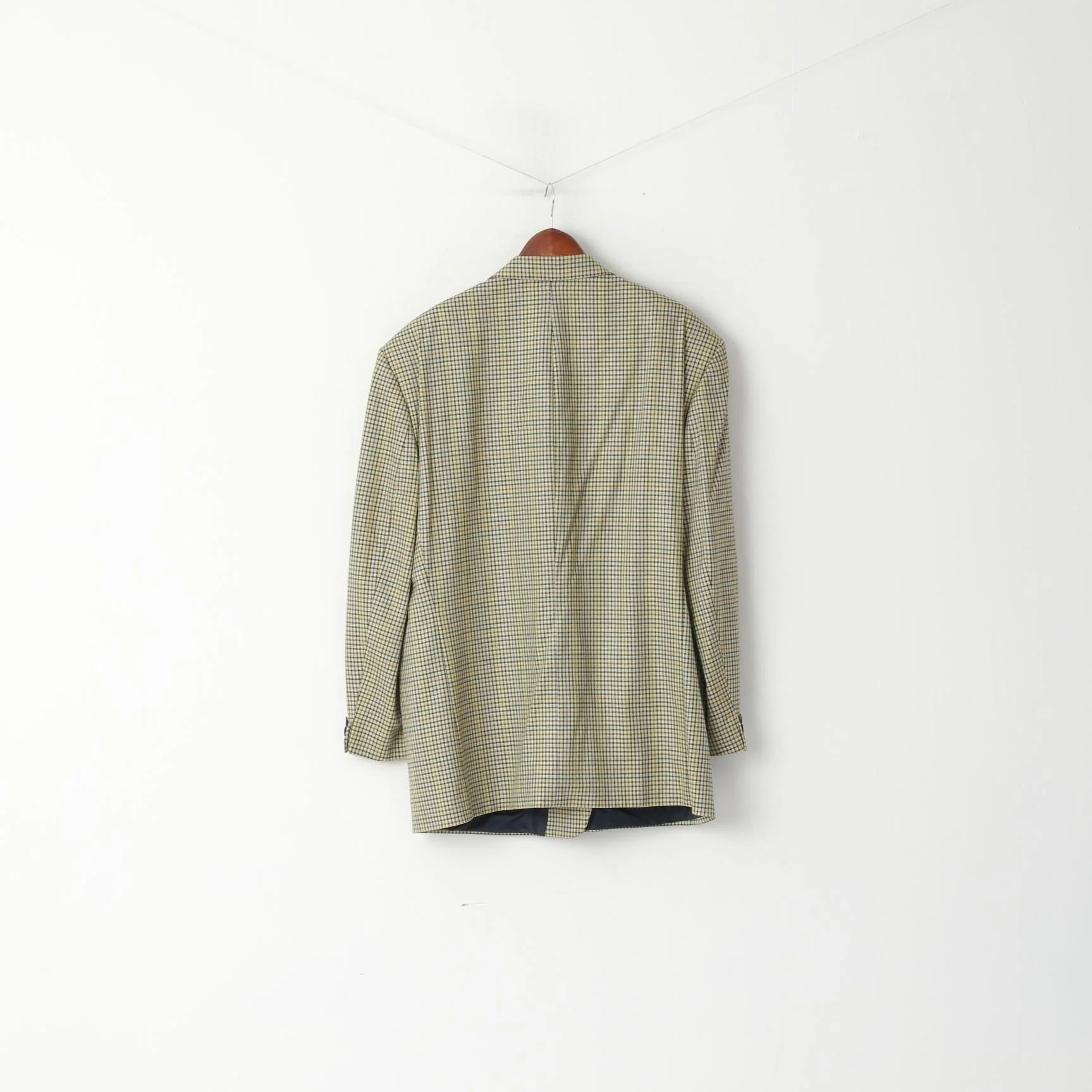John Harris Men 28 46 Blazer Beige Checkered Wool Silk Vintage 90s Stretch Fit Jacket - Image 8