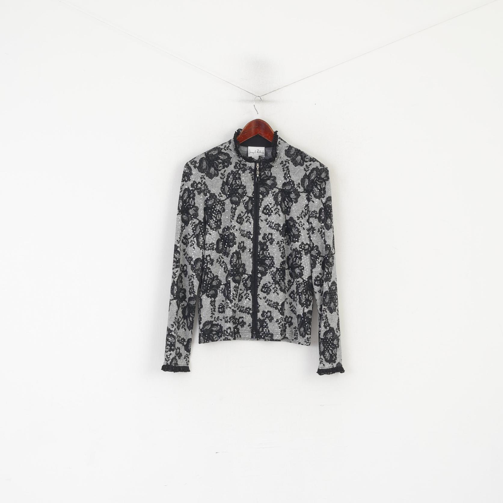 Joseph Ribkoff Women 14 40 Blazer Black Shiny Floral Full Zipper Elegant Designer Blouse - Image 2