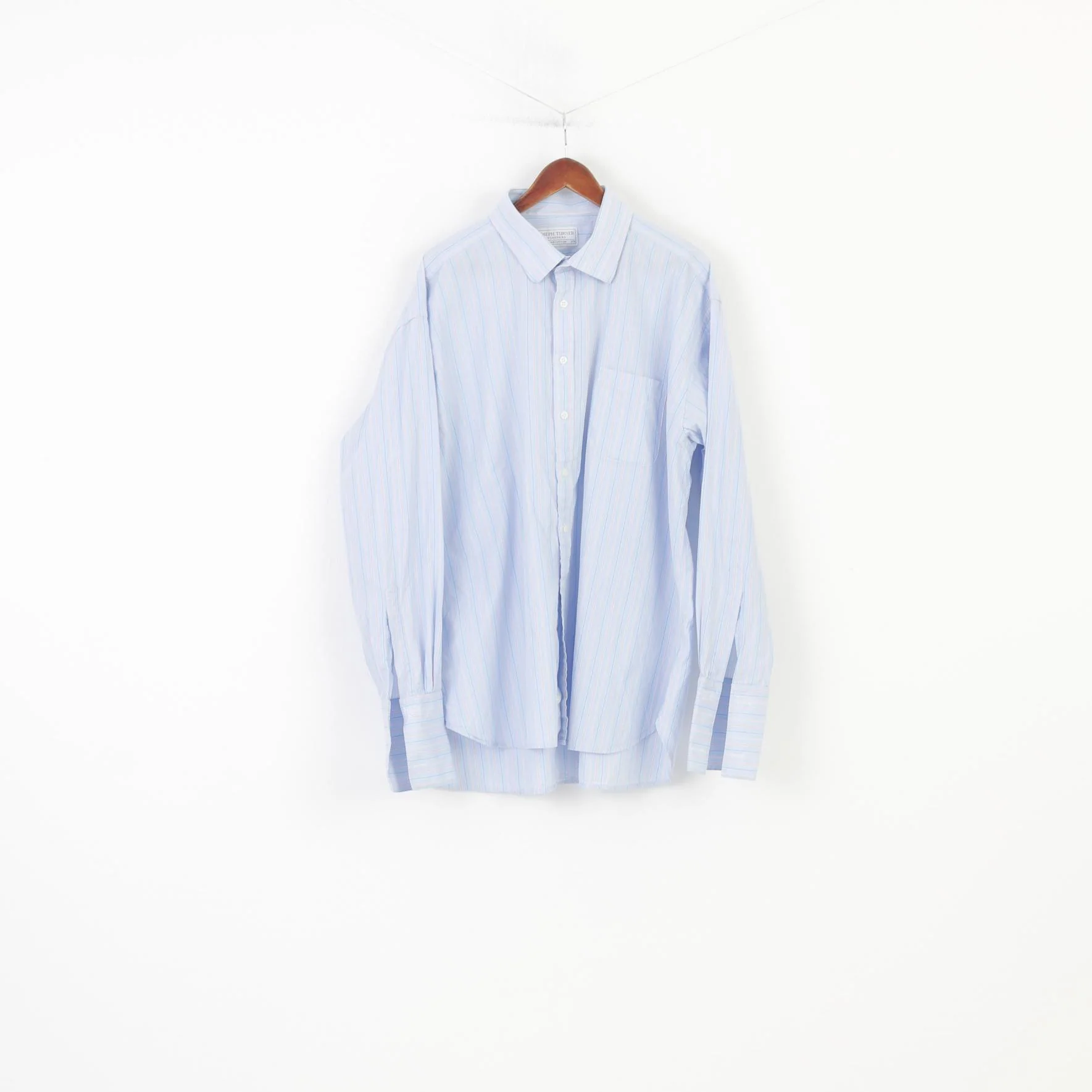 Joseph Turner Men 38 19 3XL Casual Shirt Striped Blue Long Sleeve Collar Cotton Cufflinks Classic Top
