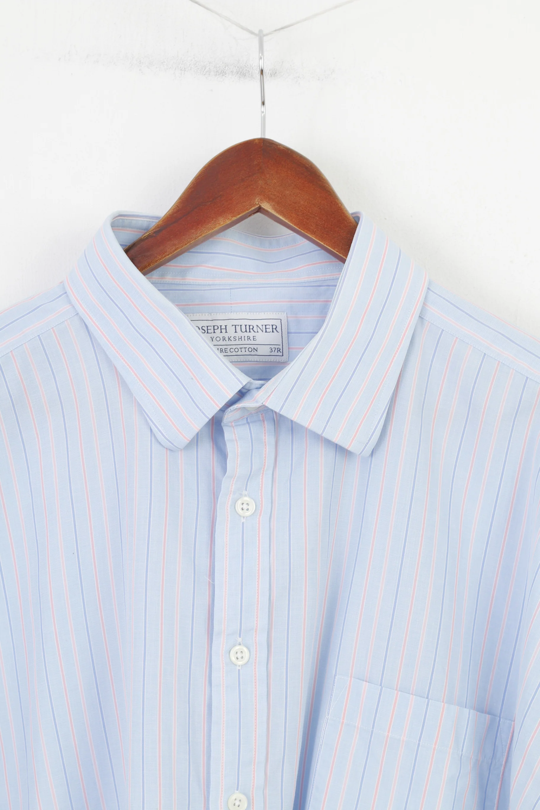 Joseph Turner Men 38 19 3XL Casual Shirt Striped Blue Long Sleeve Collar Cotton Cufflinks Classic Top - Image 2