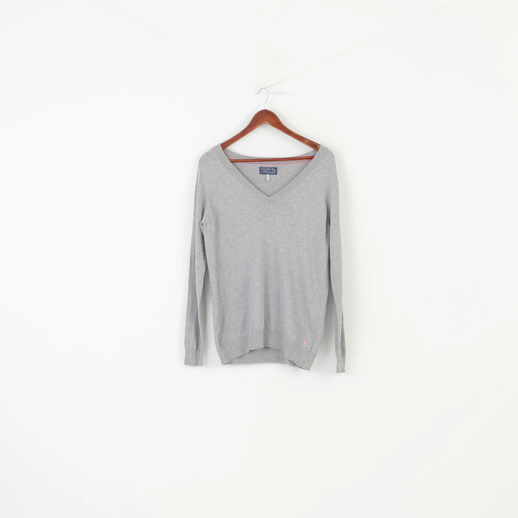 Joules Women L Jumper Gray Cotton Blend Vintage Knitwear V Neck Sweater