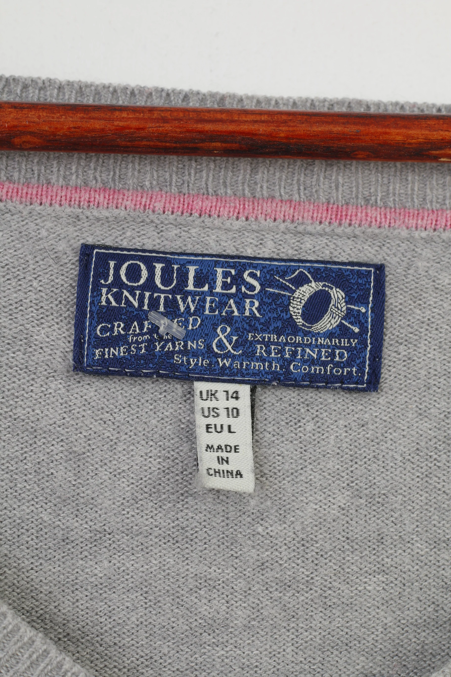 Joules Women L Jumper Gray Cotton Blend Vintage Knitwear V Neck Sweater - Image 5