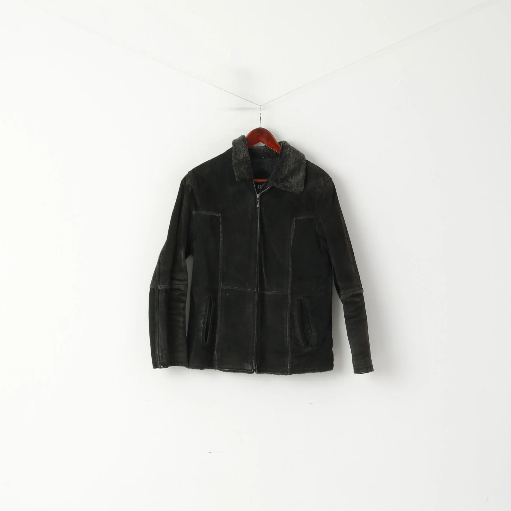 Joy Women 42 M Jacket Charcoal Leather Suede Full Zipper Fur Collar Top - Image 2